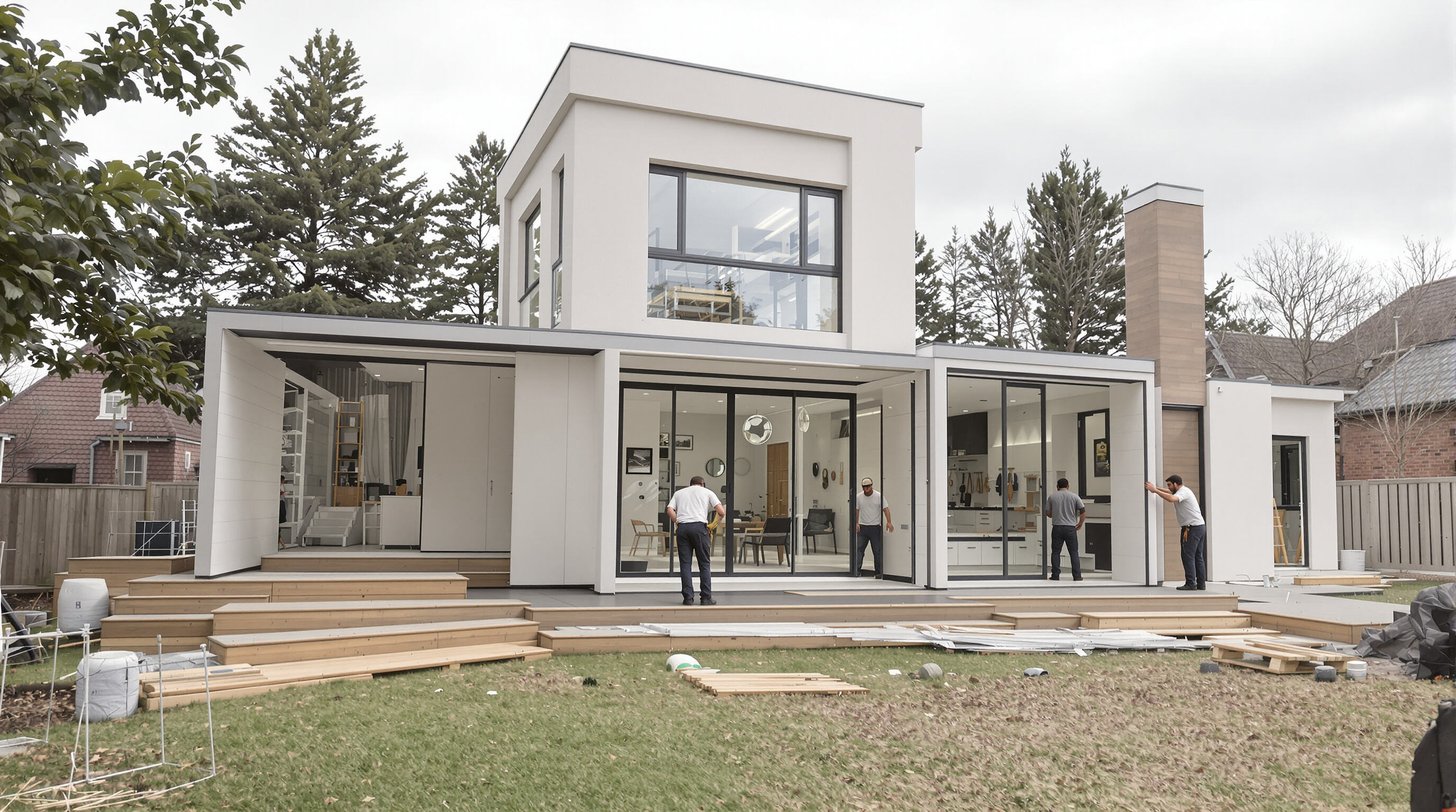 A modern prefab house with modular sections being added in a suburban setting