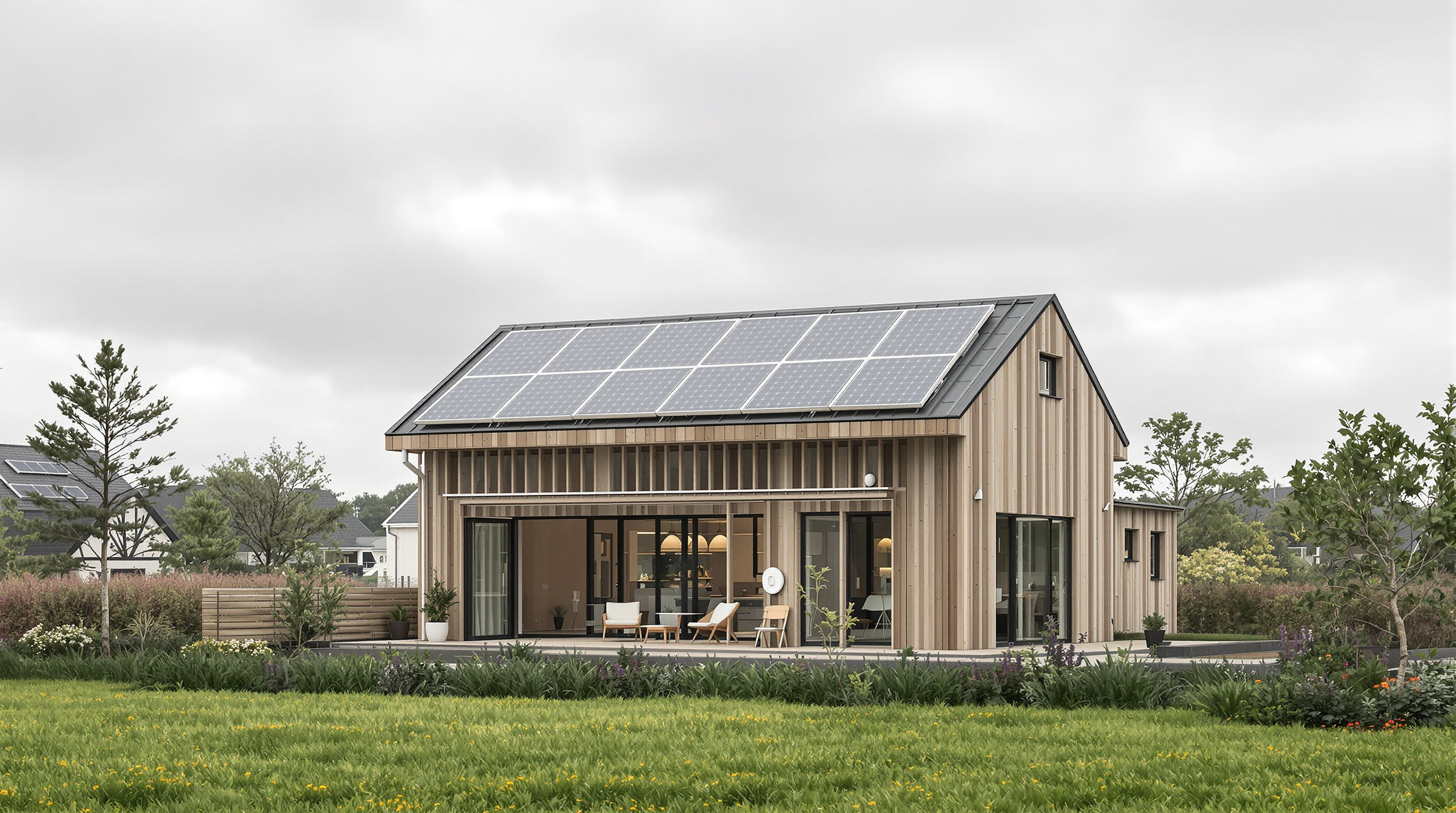 A smart, sustainable prefab house with solar panels, eco-friendly materials, and visible IoT sensors