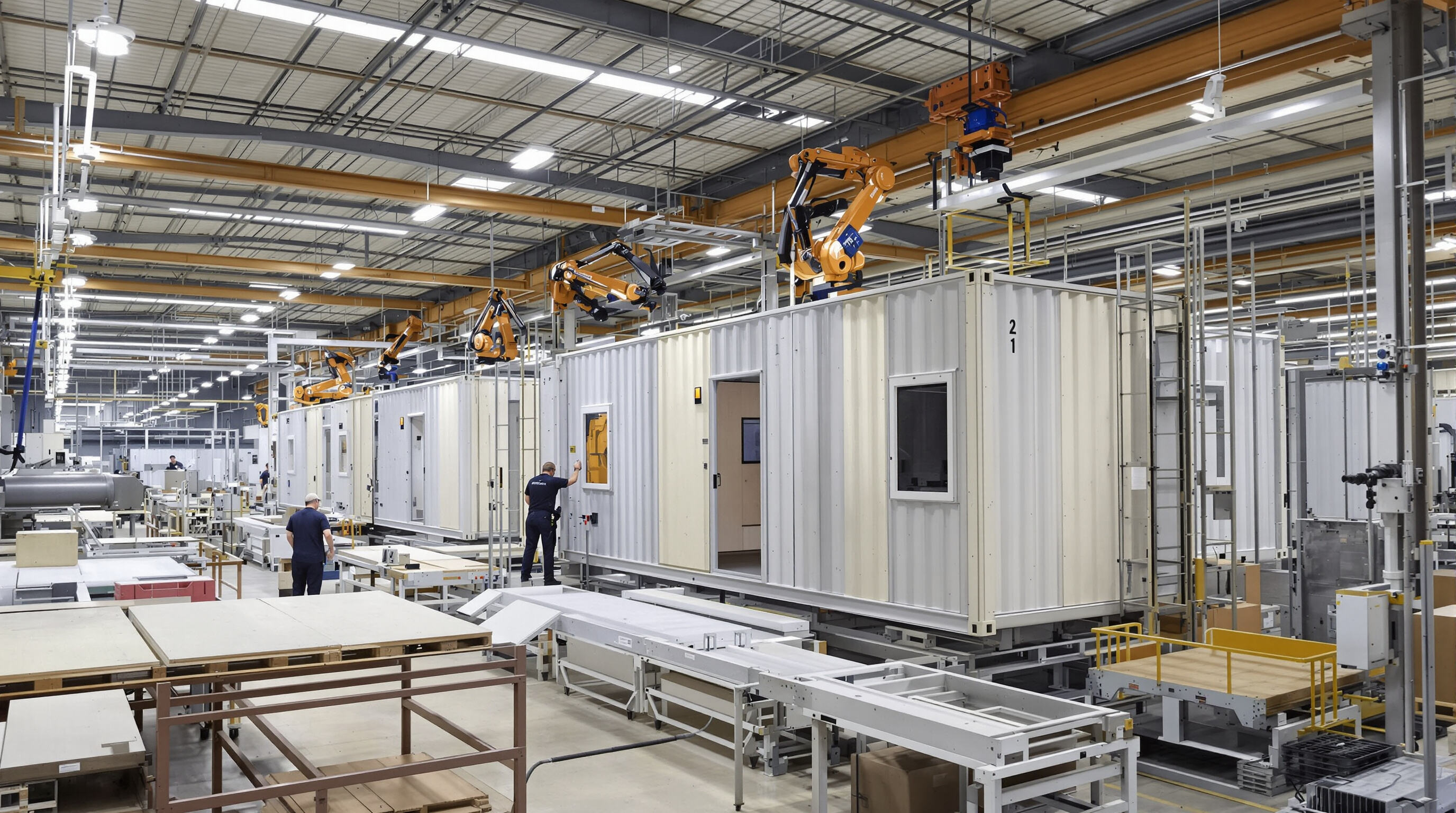 Assembly line in factory where workers and robots build modular container houses from prefabricated components