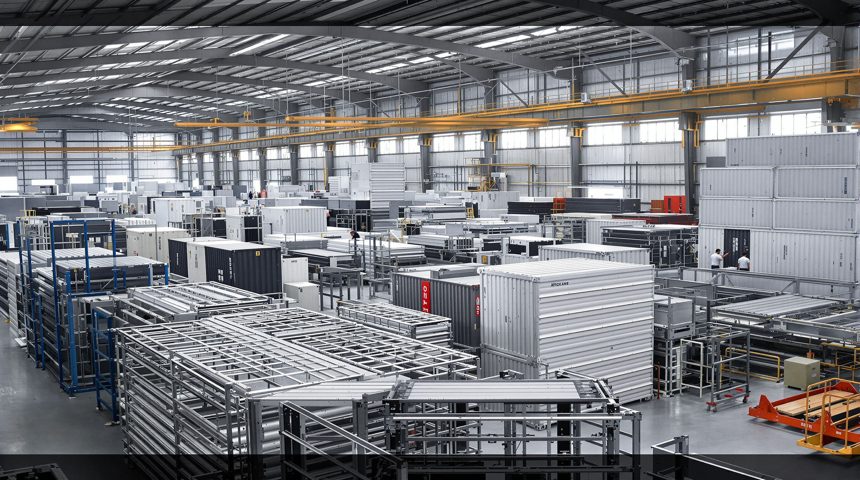 A factory interior with modular steel container house components and workers conducting inspections