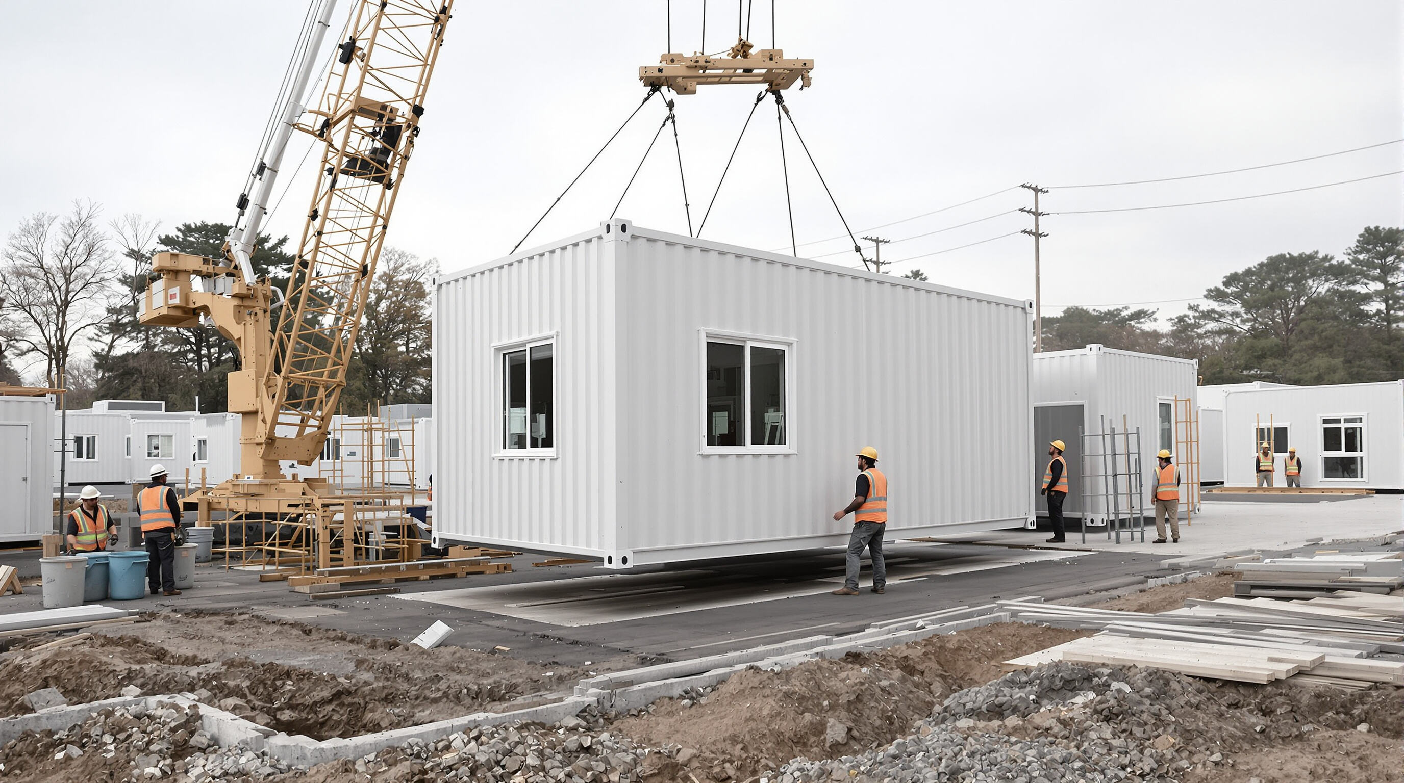 Prefabricated container modules being crane-assembled on a construction site with workers