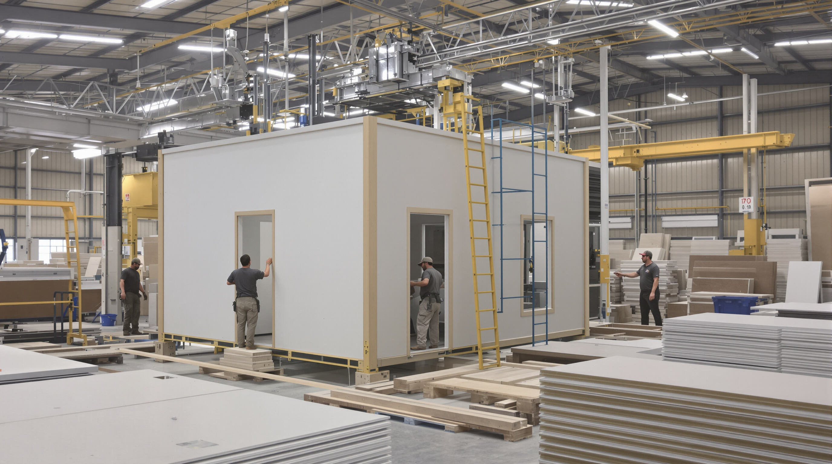 Factory workers assembling prefabricated building modules with machinery inside a modern factory