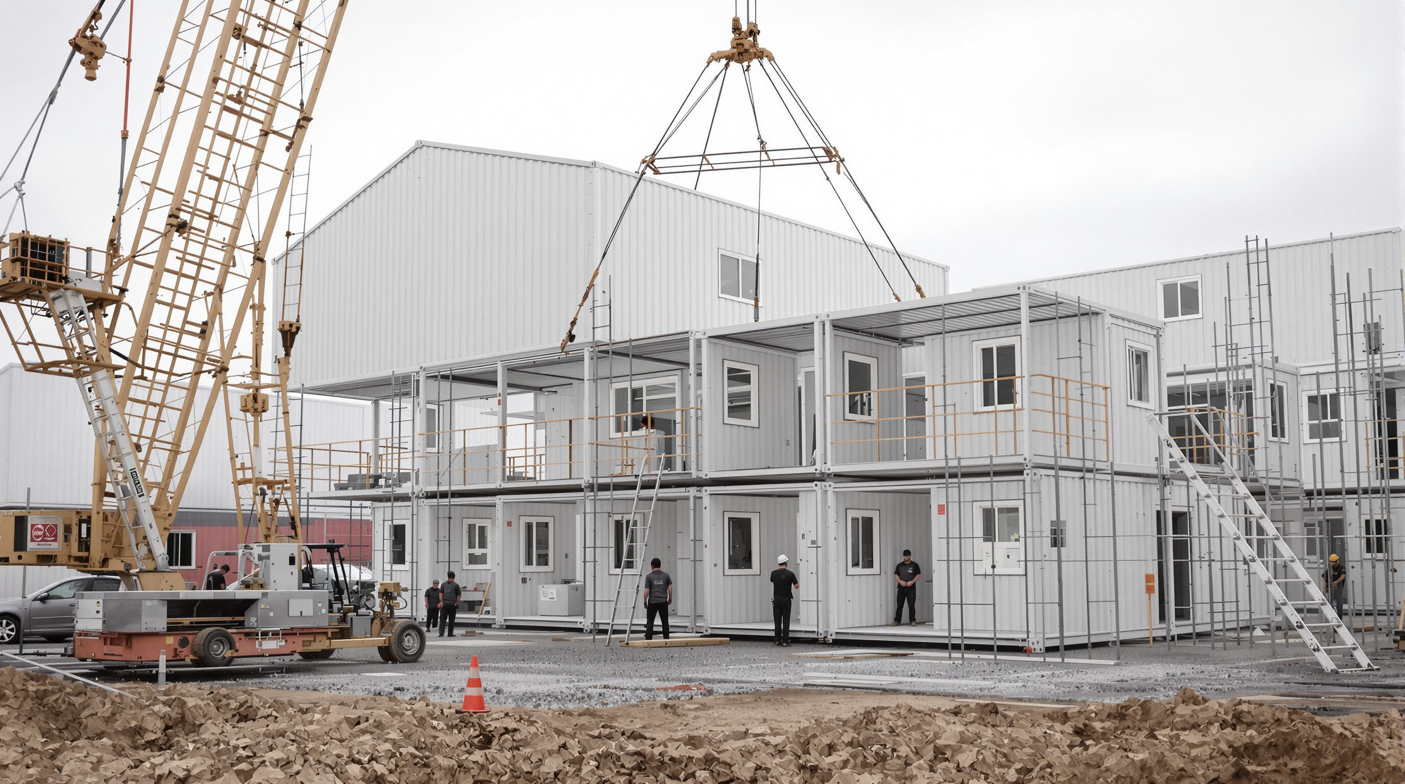 Expandable container house modules being assembled by workers on a construction site