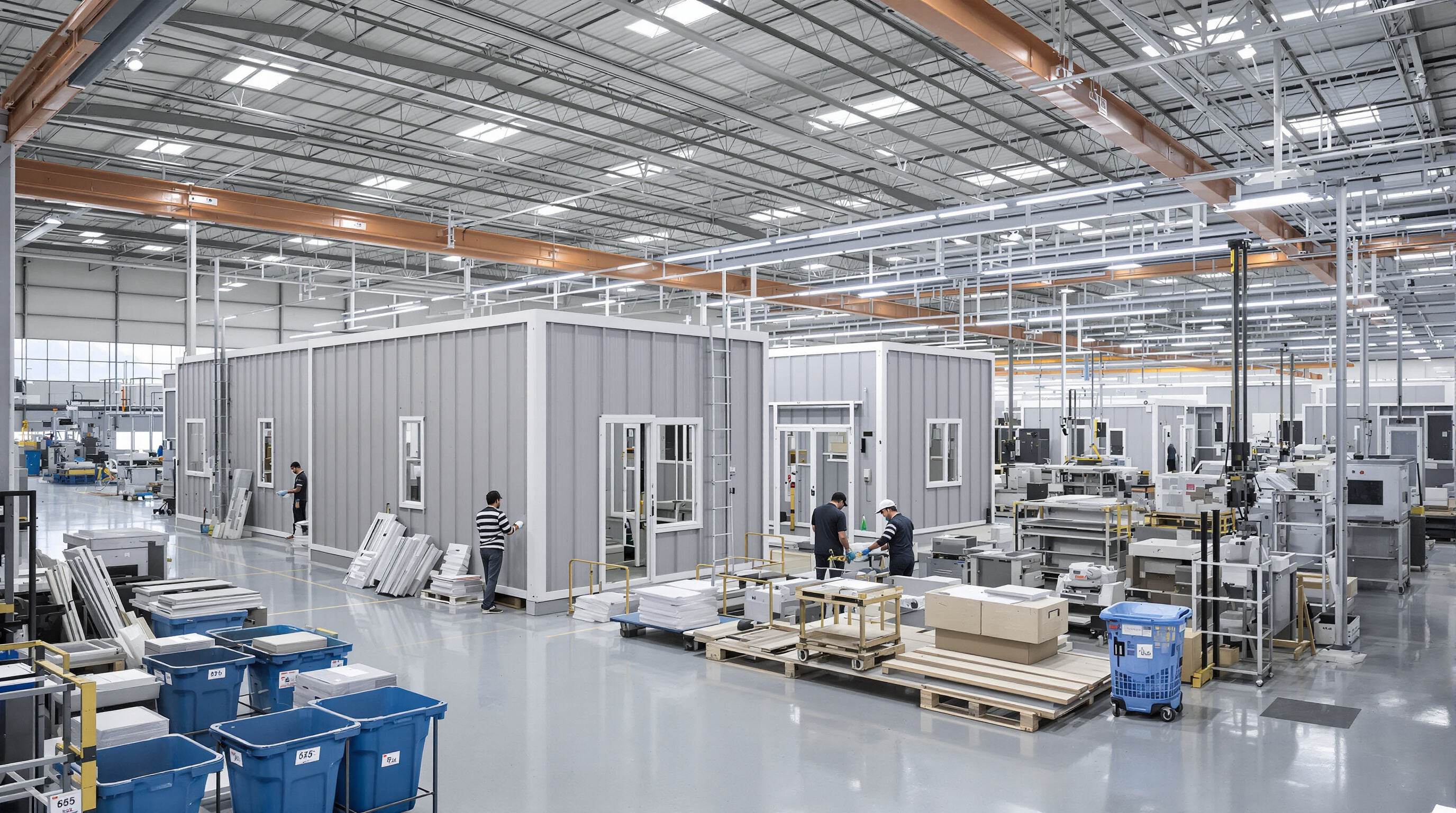 Workers and automated equipment assembling modular prefab home sections in a clean factory