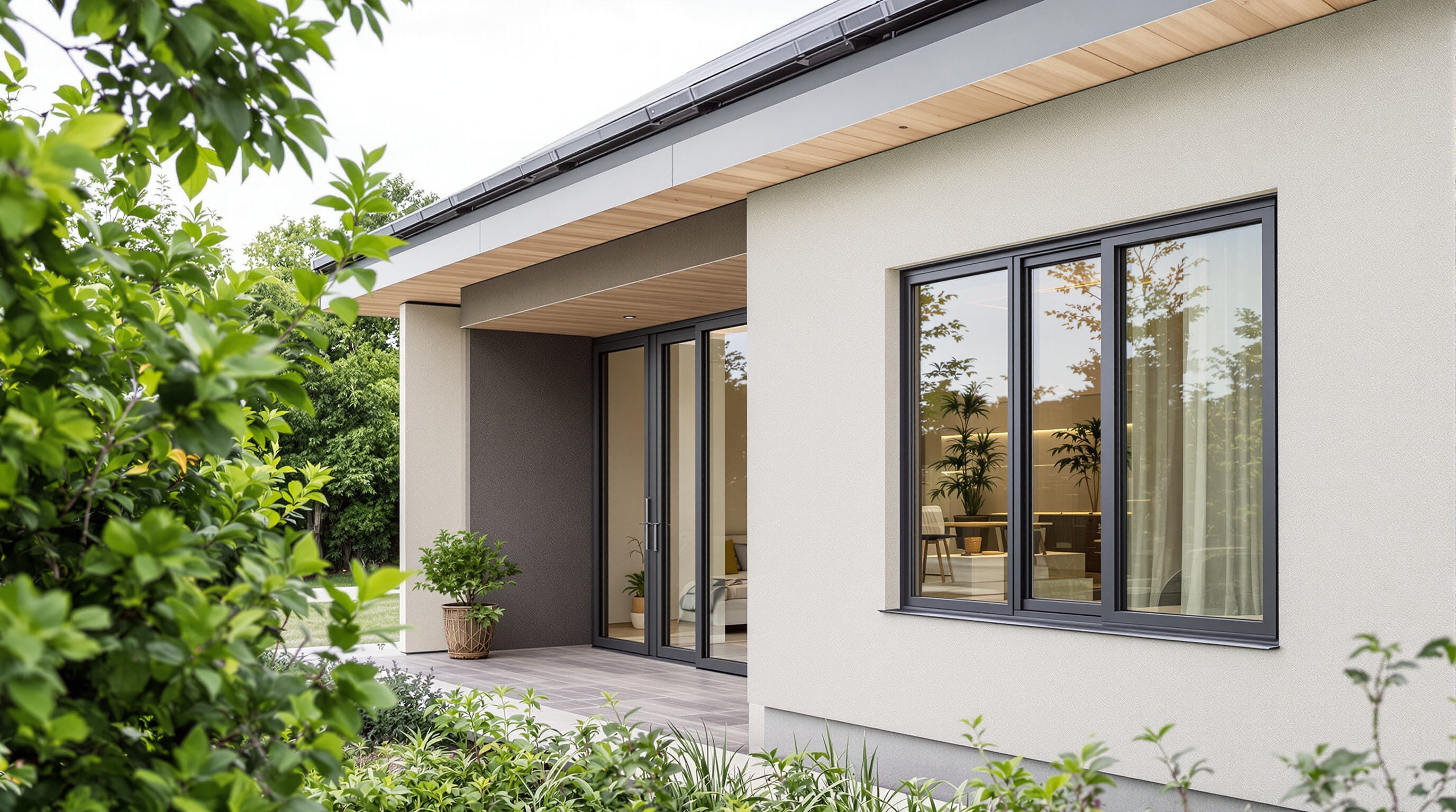 Modern prefab house displaying insulated walls, energy-efficient windows, and solar roof