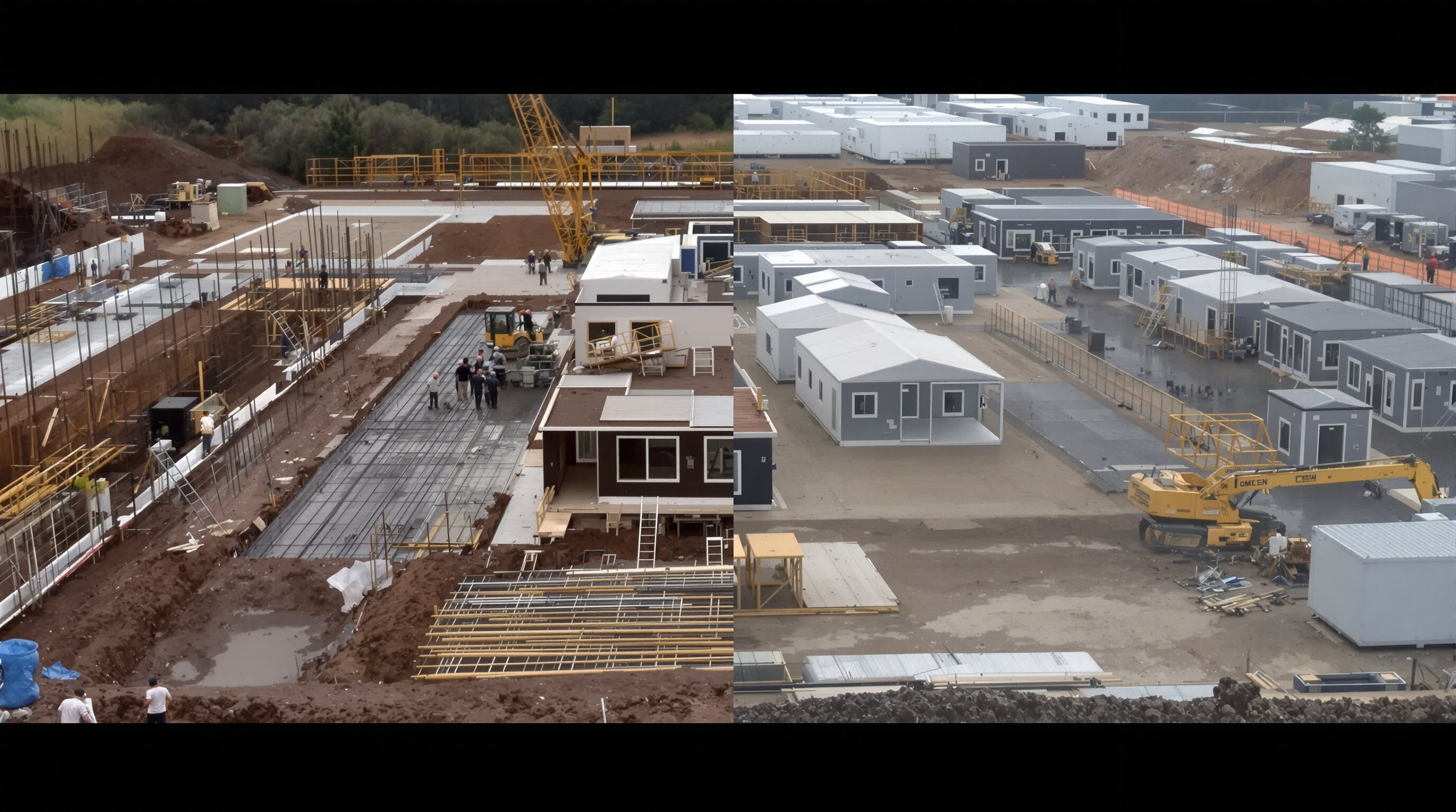 Side-by-side view of modular home factory assembly and on-site construction happening simultaneously
