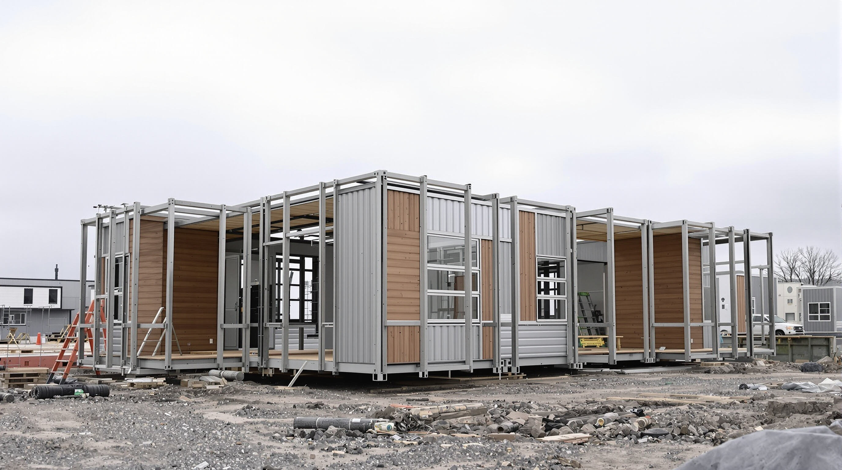 Expandable container house with exposed steel frame and varied exterior materials being assembled