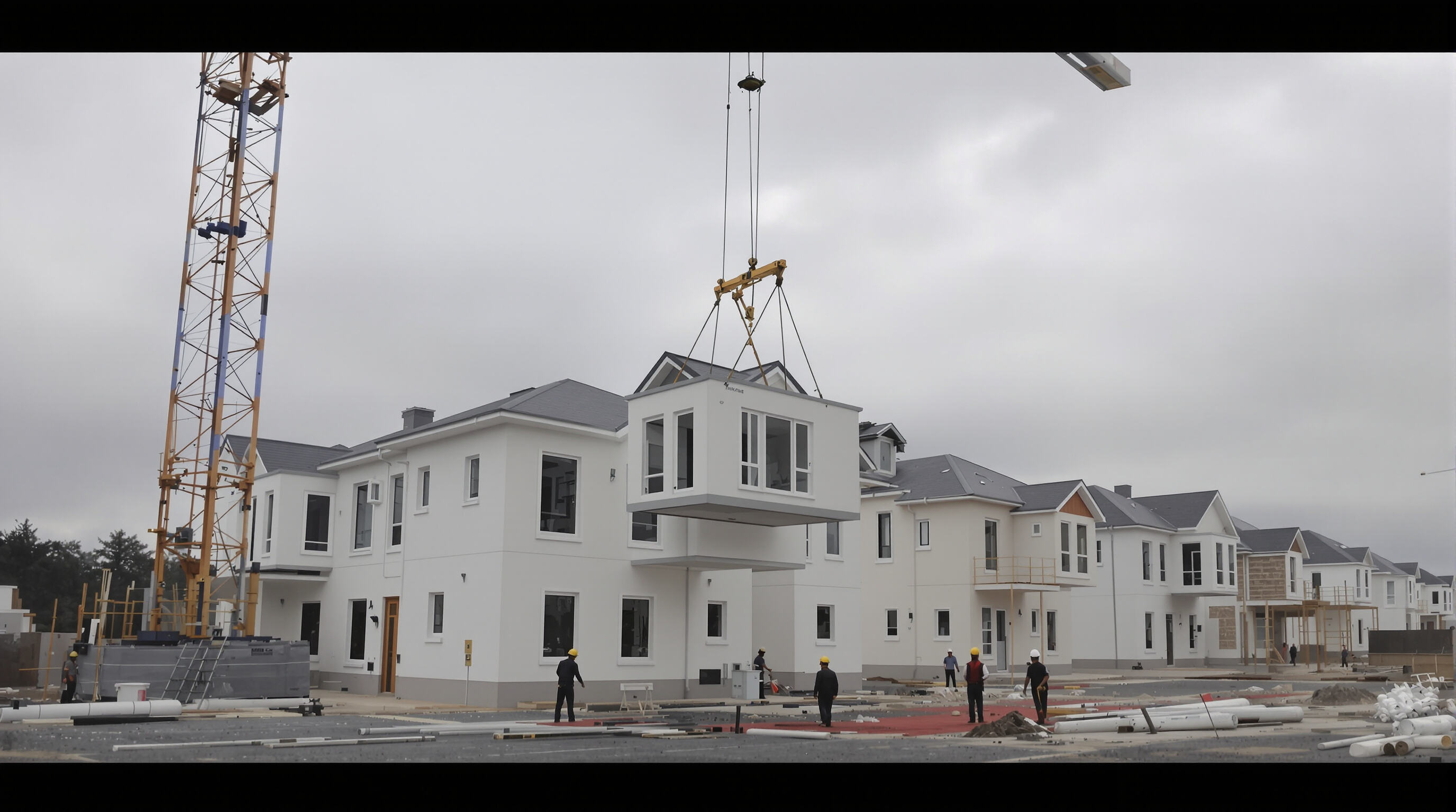 Construction site where a crane lifts modular house sections with completed prefab homes in the background