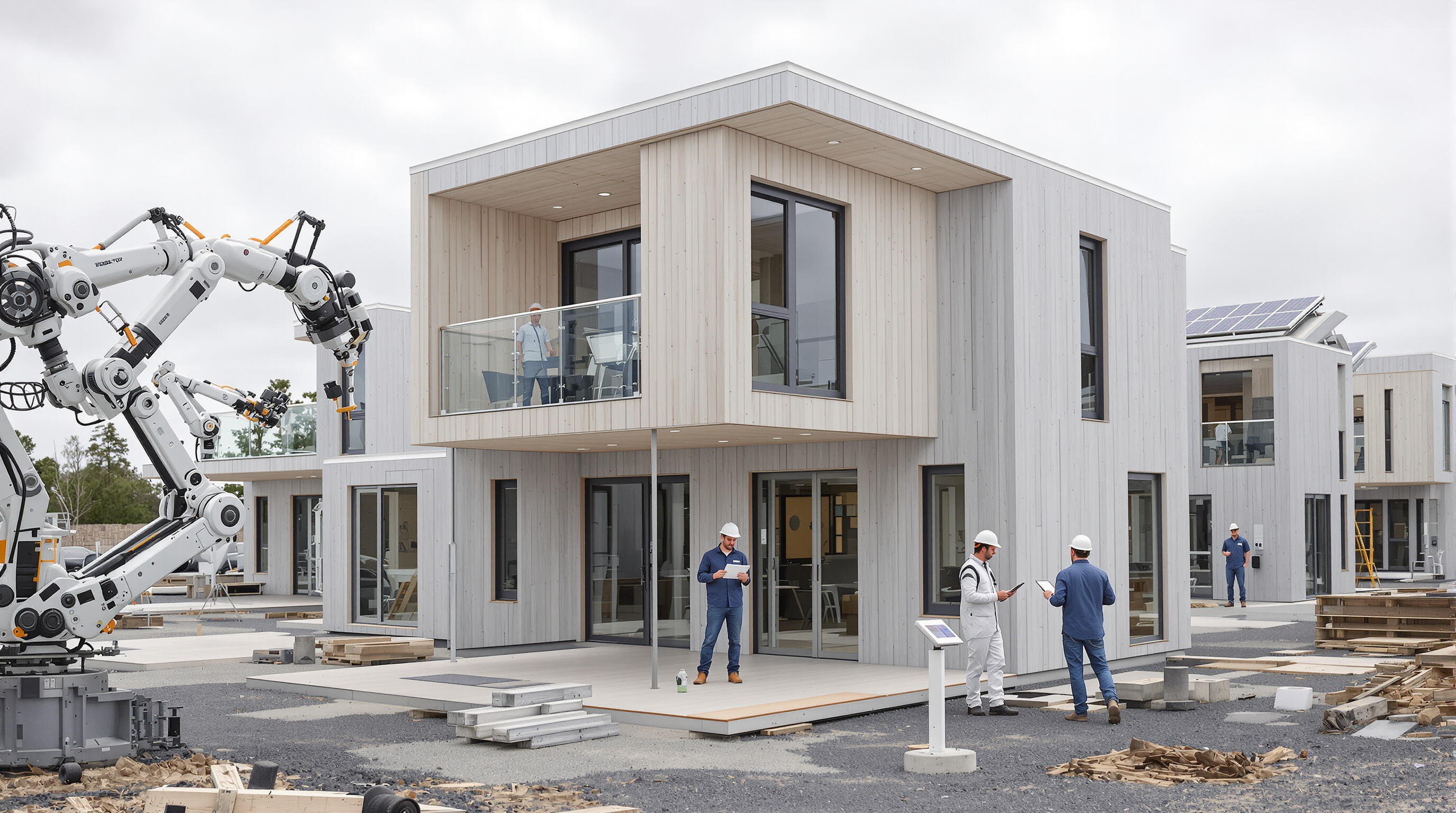 Robots and engineers building advanced prefab houses with solar rooftops at a high-tech construction site