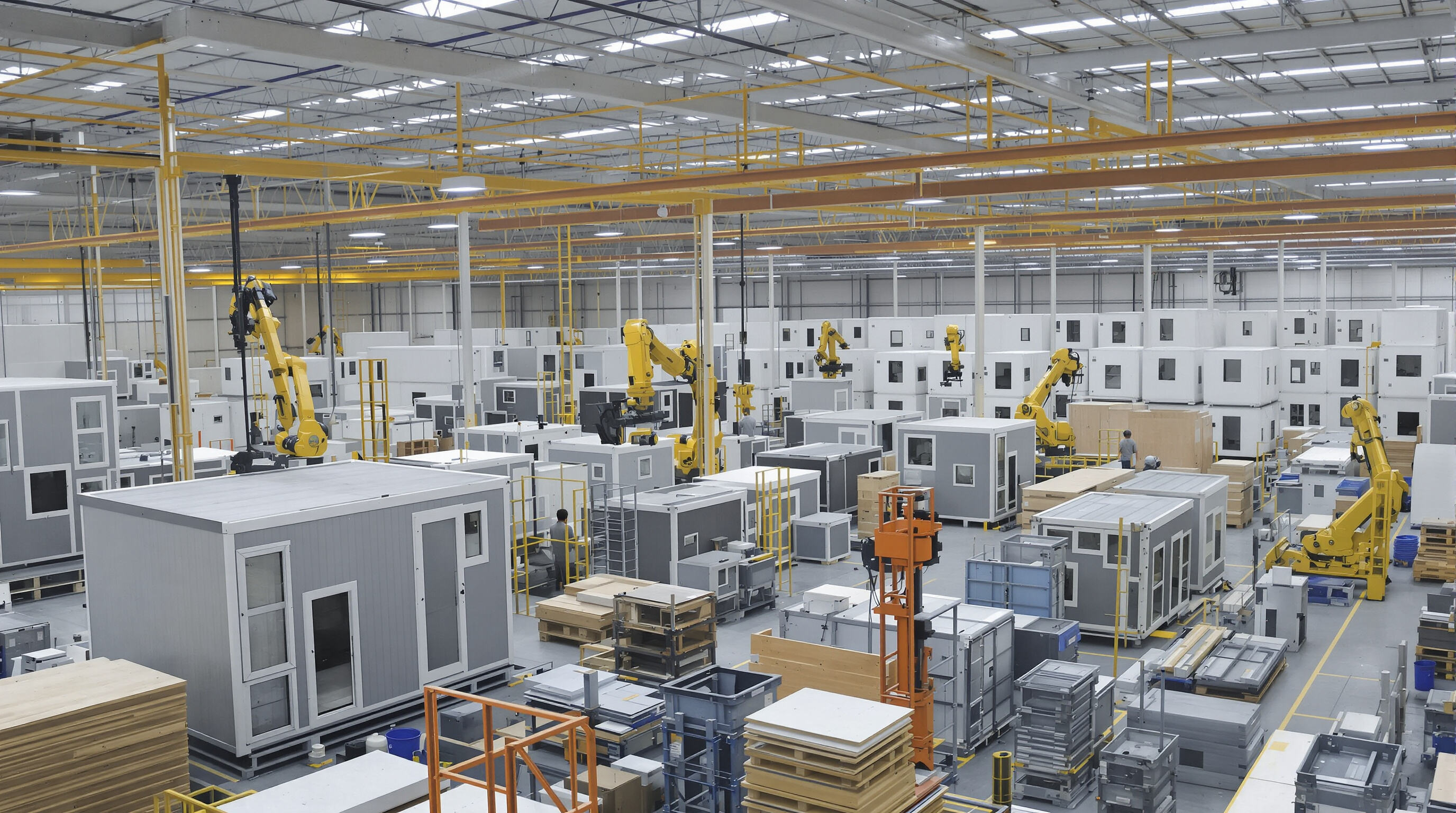 Factory scene with workers and robots assembling prefabricated housing modules