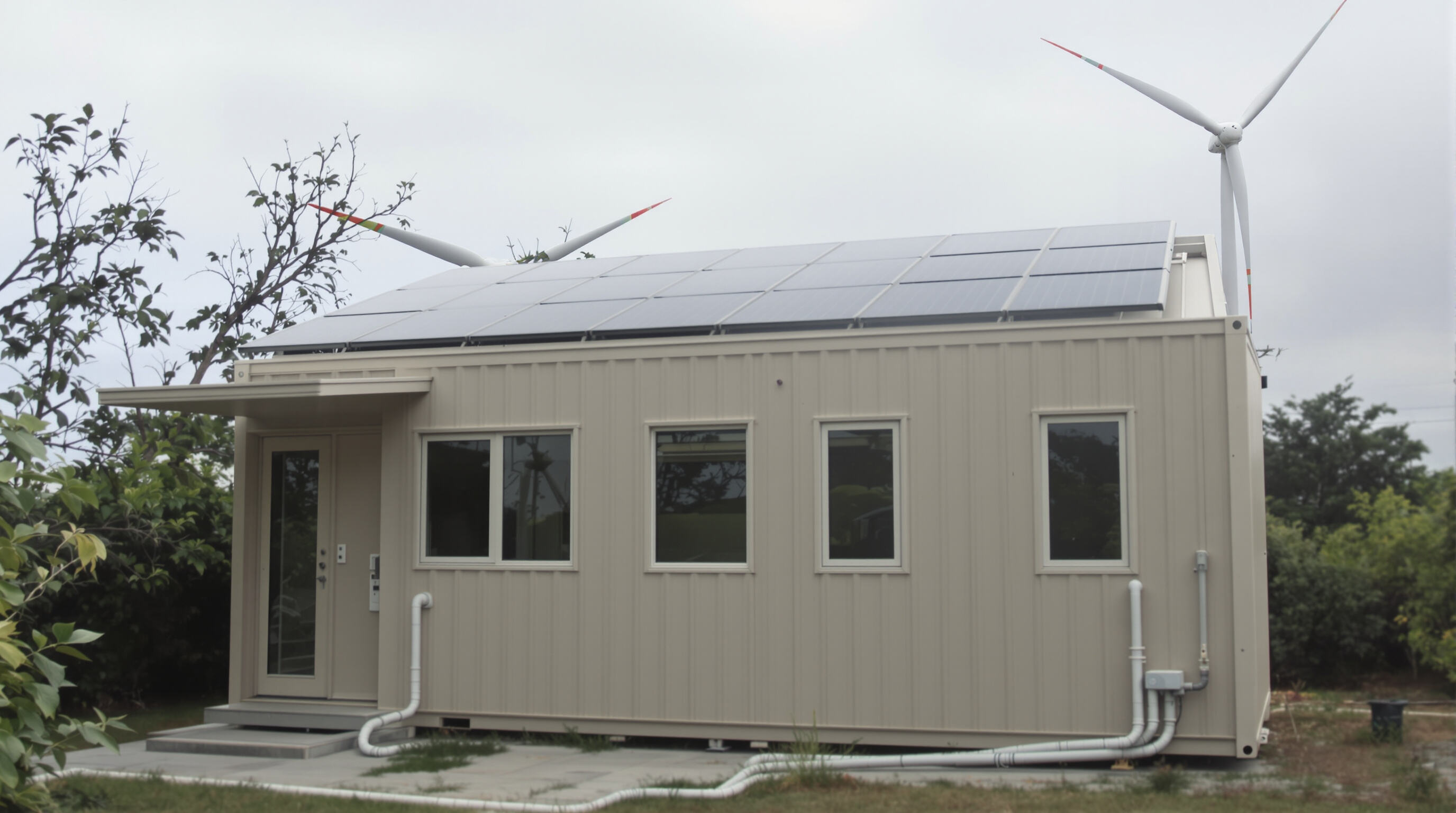 Photorealistic image of a sustainable folding container house equipped with solar panels, wind turbine, and geothermal system