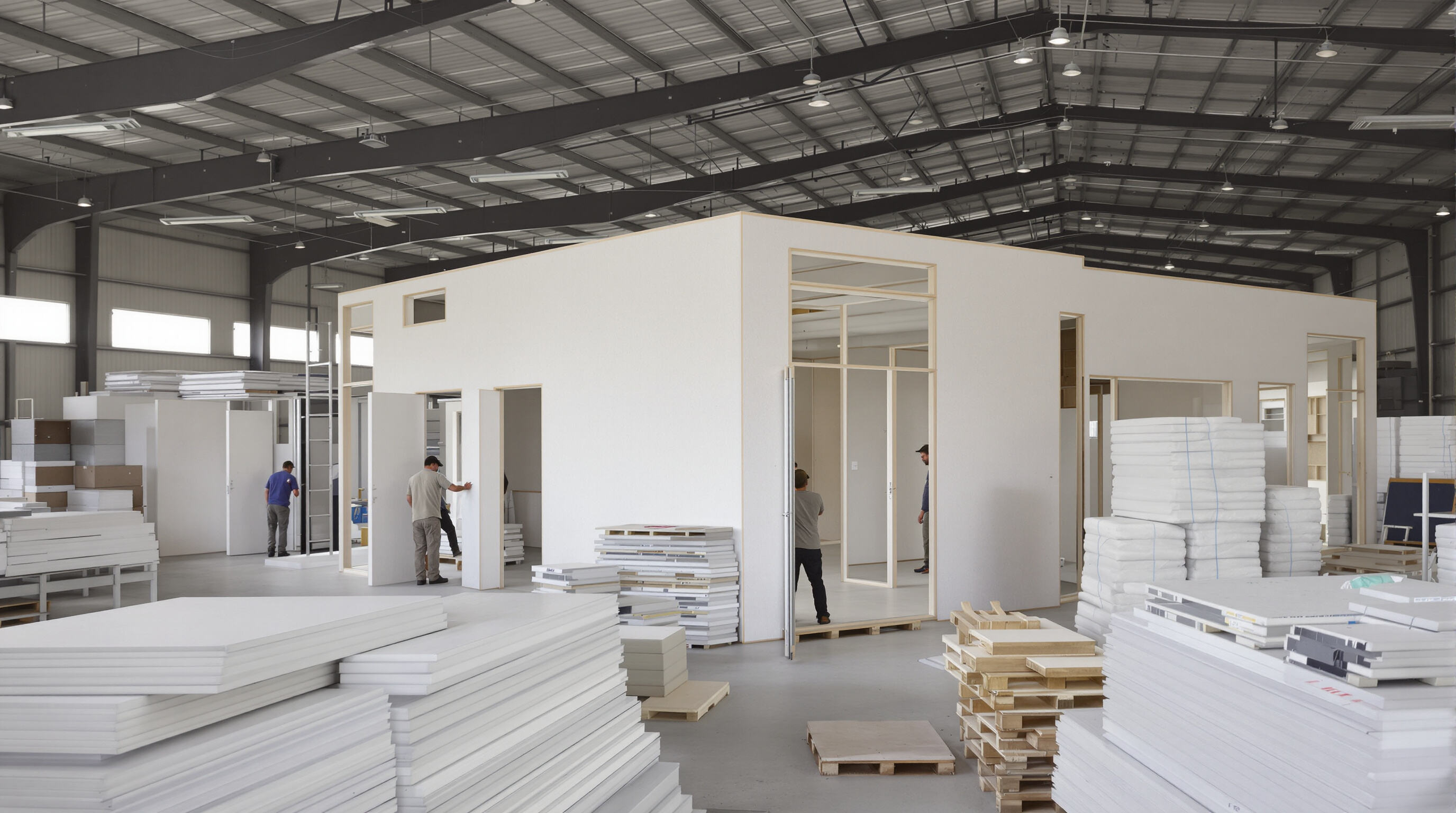 Factory workers assembling prefab house components in a climate-controlled environment