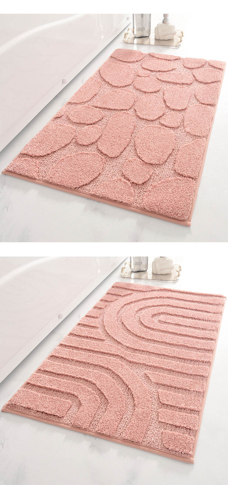 YFL Pink Fluffy Soft Plush Stripe Shower Carpet Quick Dry Microfiber Tufted Bath Rug Non Slip Bath Mats details