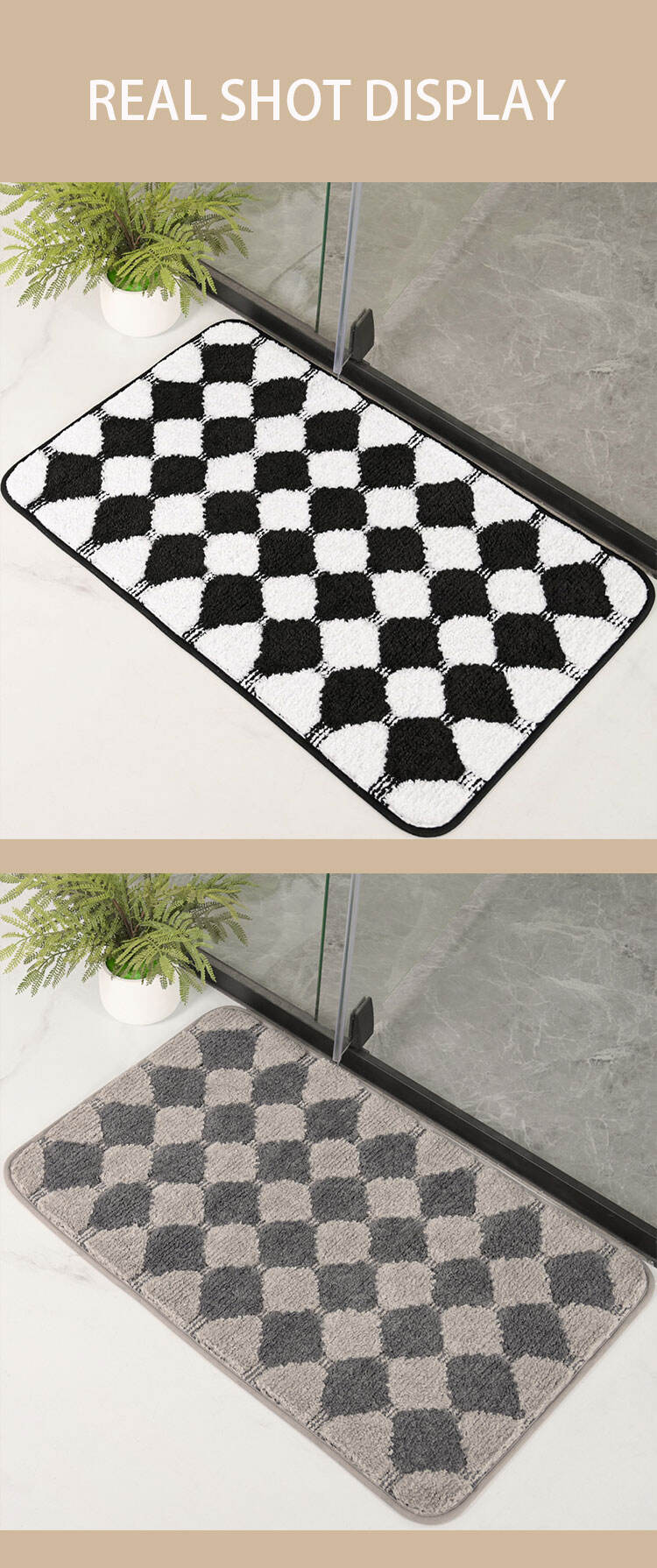 Custom Soft Microfiber Non Slip Checkered Bathroom Rugs Machine Washable Water Absorbent Tufted Bath Mat supplier