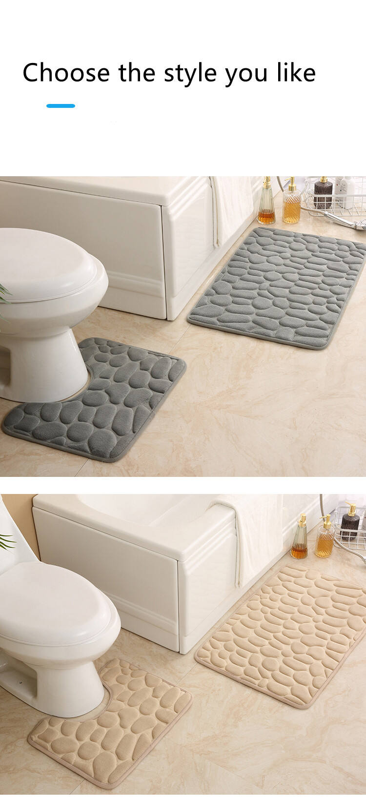 Hot Sale Cobblestone Embossed Carpet 2 Piece Set Absorbent Non-slip Mat Floor Mat Toilet Bathroom Mat toilet carpet details