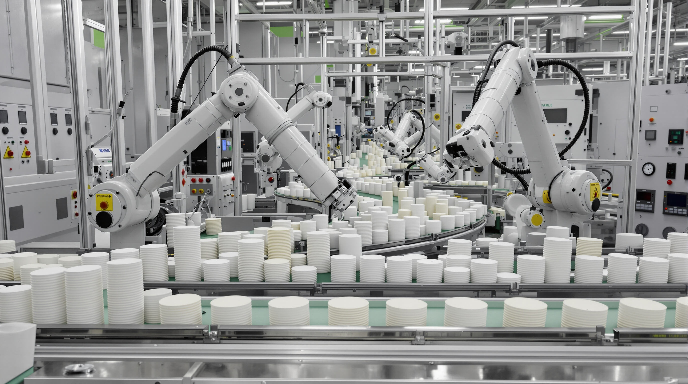 Fully automated paper bowl manufacturing machine with robotic arms in a clean factory environment