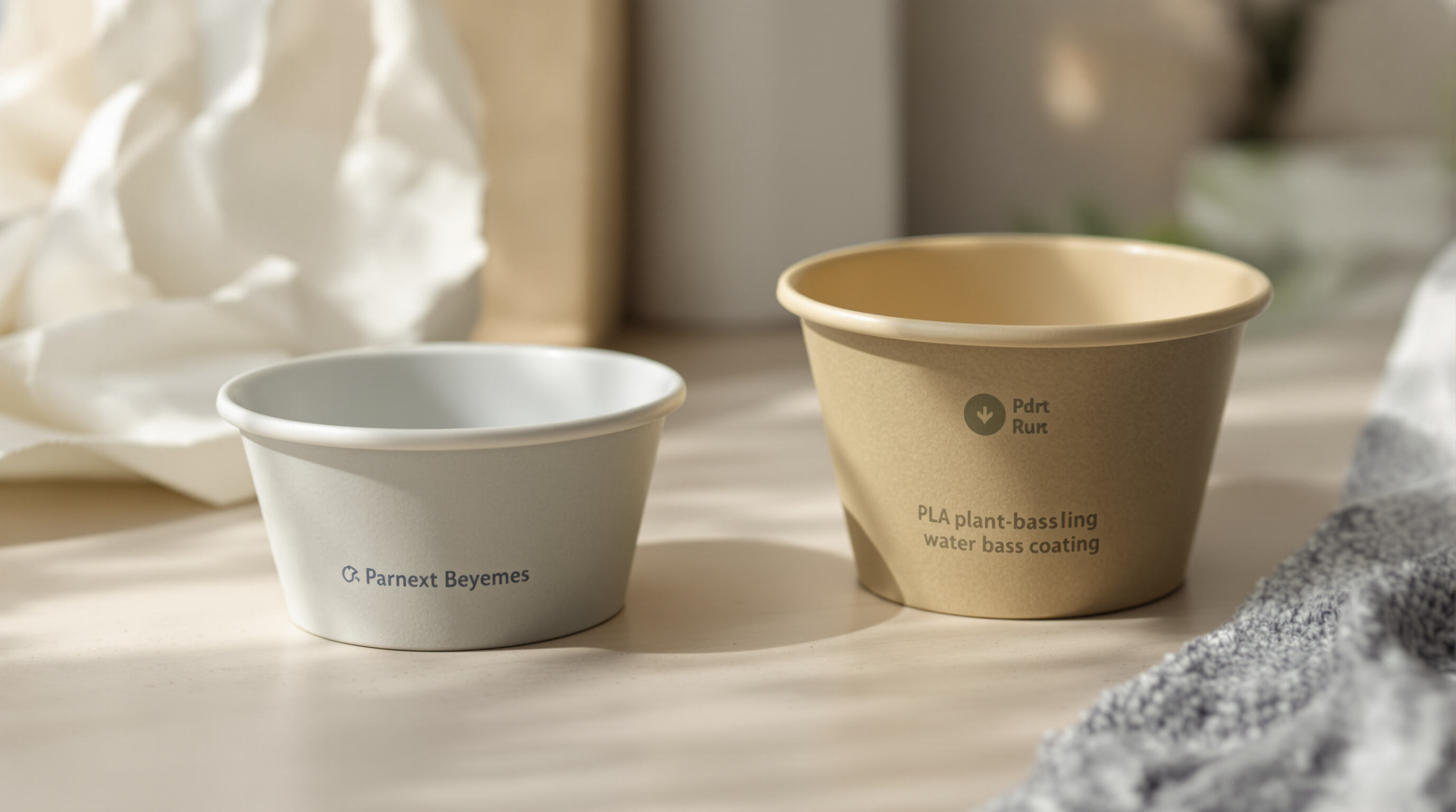 Close-up of sustainable paper bowls featuring different eco-friendly coatings and natural materials