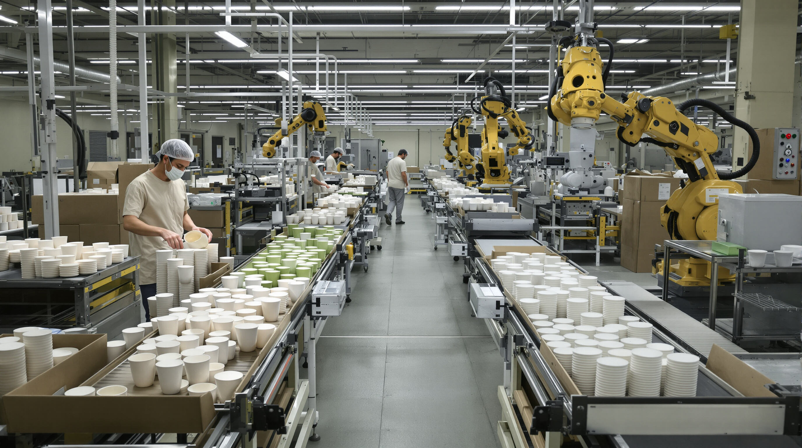 A factory floor comparing manual and automated paper bowl production lines