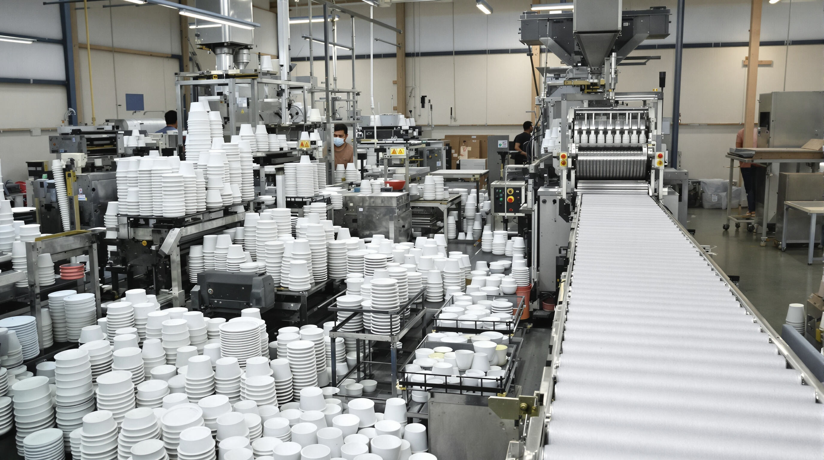 Paper bowl machines side by side showing different output speeds and worker numbers