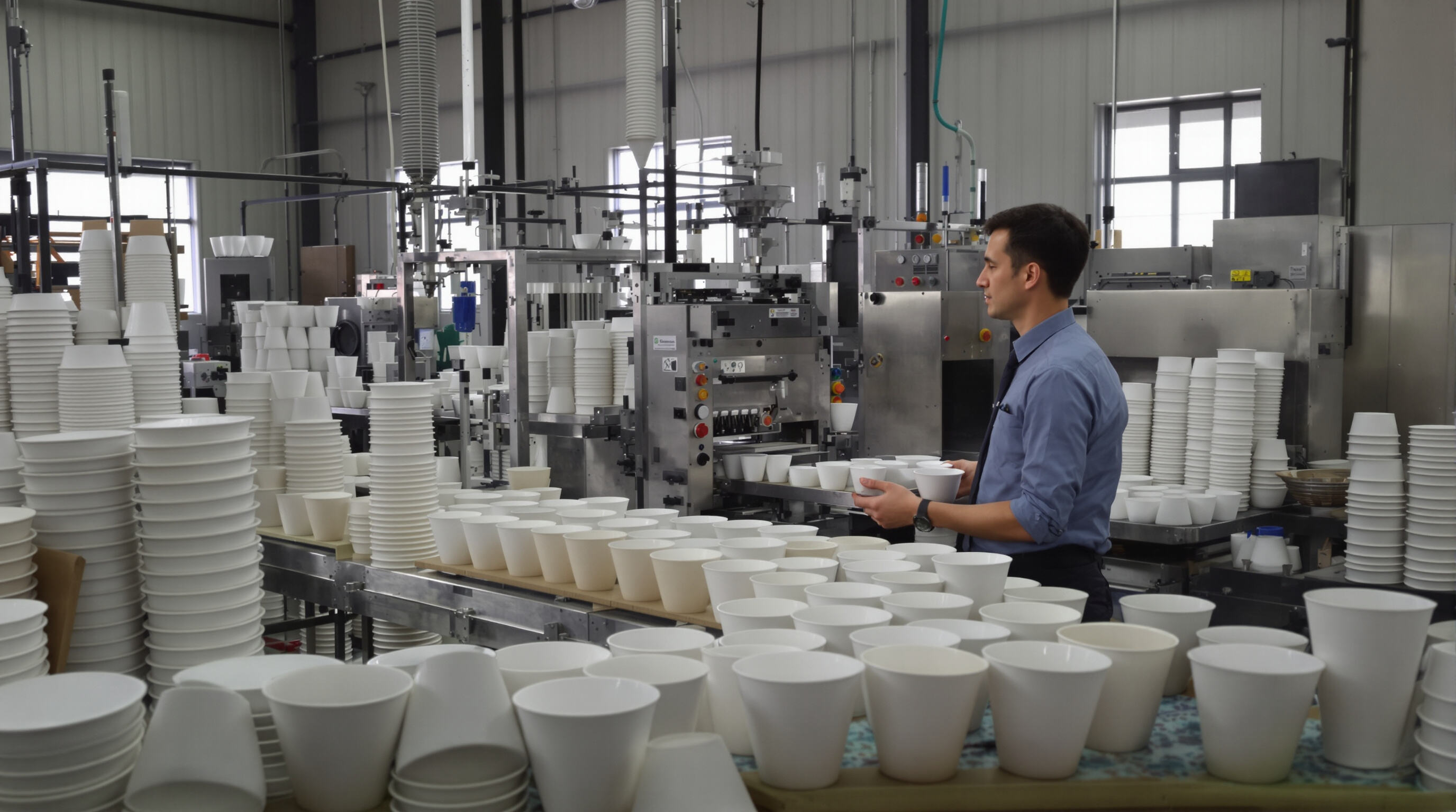 Businessperson overseeing efficient paper bowl production with modern equipment and stacked bowls