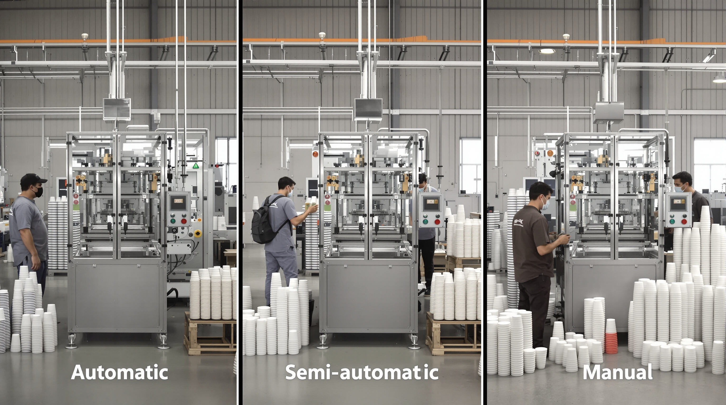 Photorealistic comparison of three paper cup machines in a workshop: automatic, semi-automatic, and manual, each showing varying levels of automation and labor involvement.