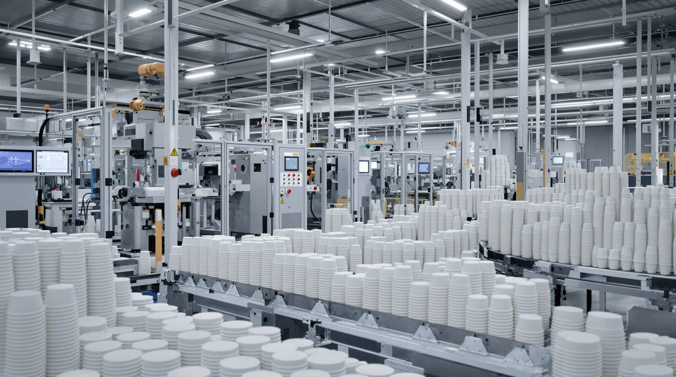 Modern automated paper cup manufacturing line with machines, minimal workers, and stacked cups on conveyor belts