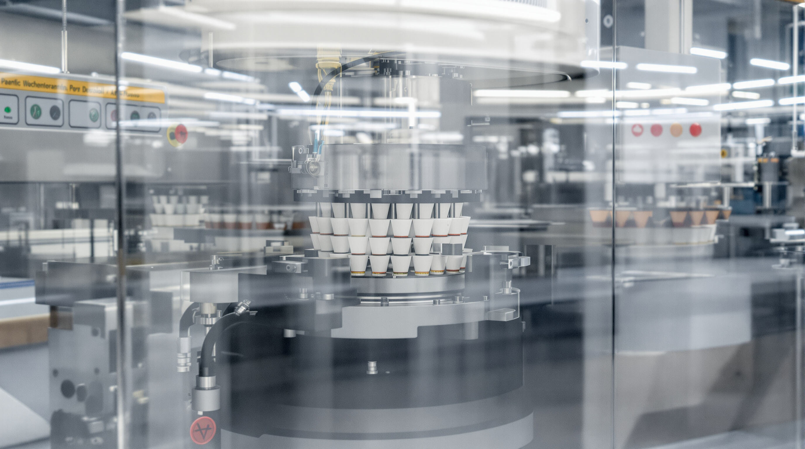 Automated paper bowl machine with advanced control systems and moving parts in a modern factory