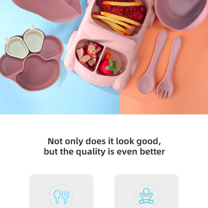 Wholesale Baby Tableware Set BPA-Free Food Grade Silicone with Customized Animal Pattern Waterproof Bibs Plate Spoon Bowl details