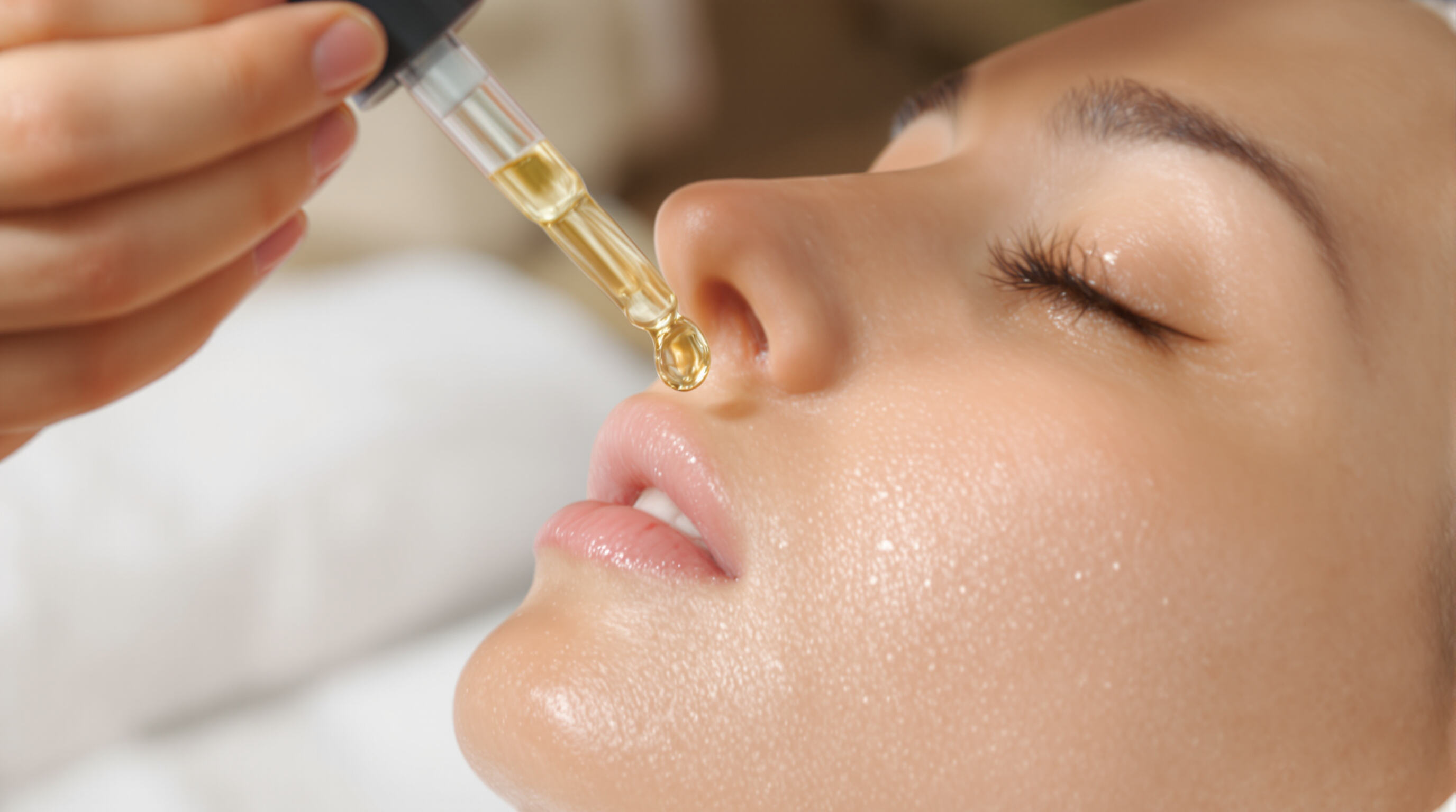 Close-up of glowing, hydrated skin as serum is applied with a dropper