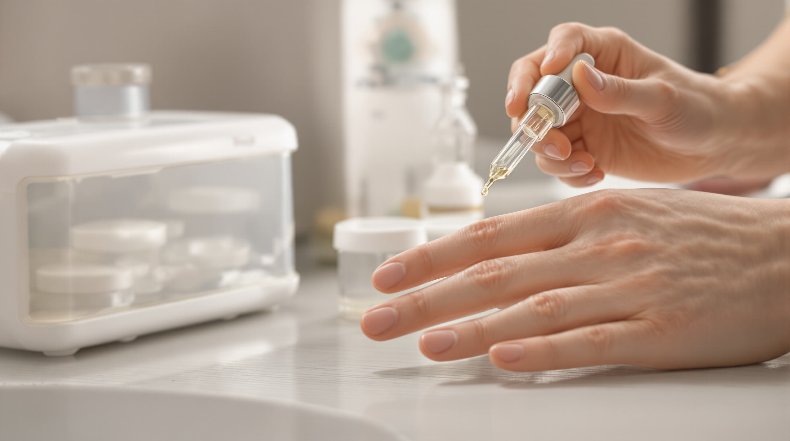Photo of hands dispensing ampoule serum next to a sealed vial with proper storage containers in the background