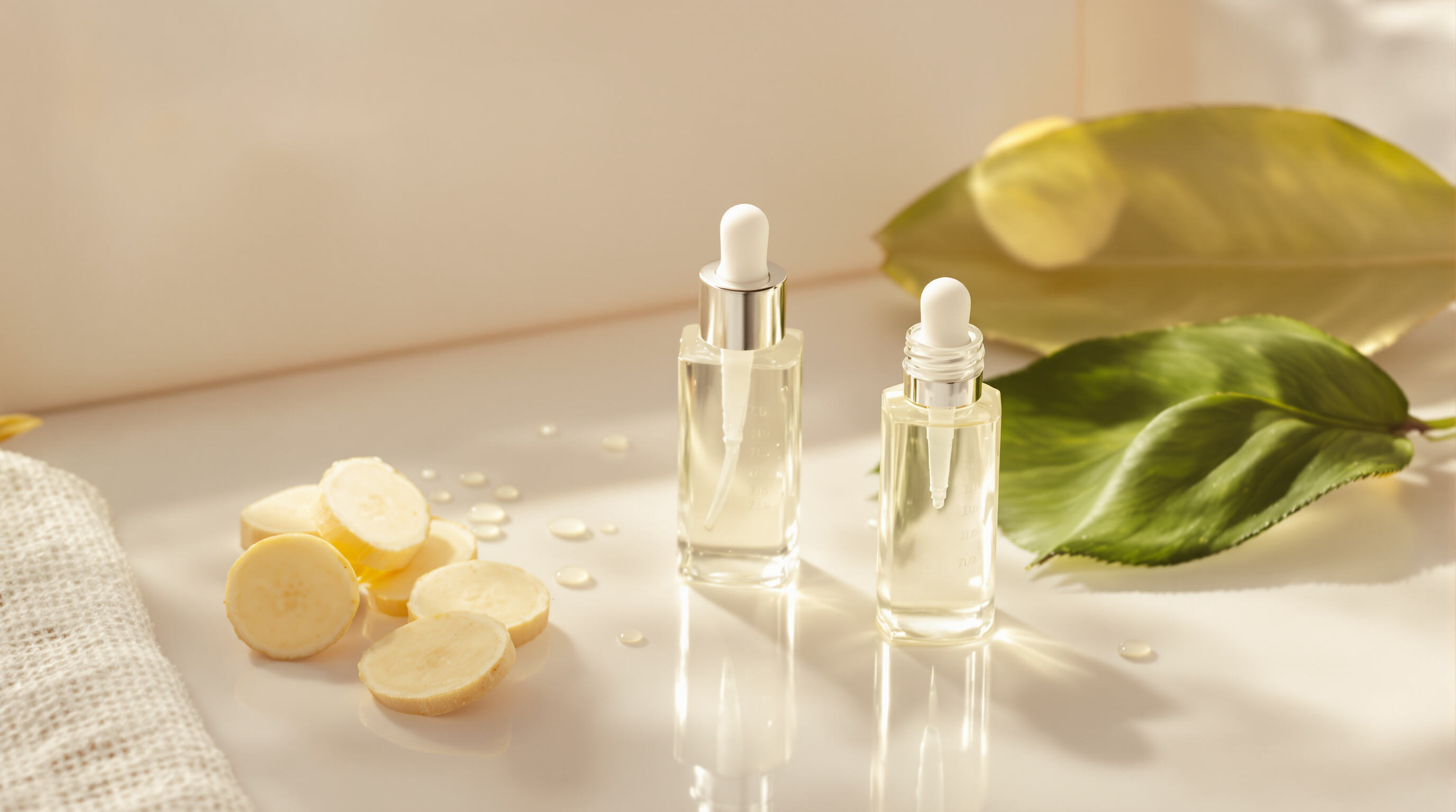 Three ampoules on a vanity with water droplets, licorice root, and leaf as ingredient cues