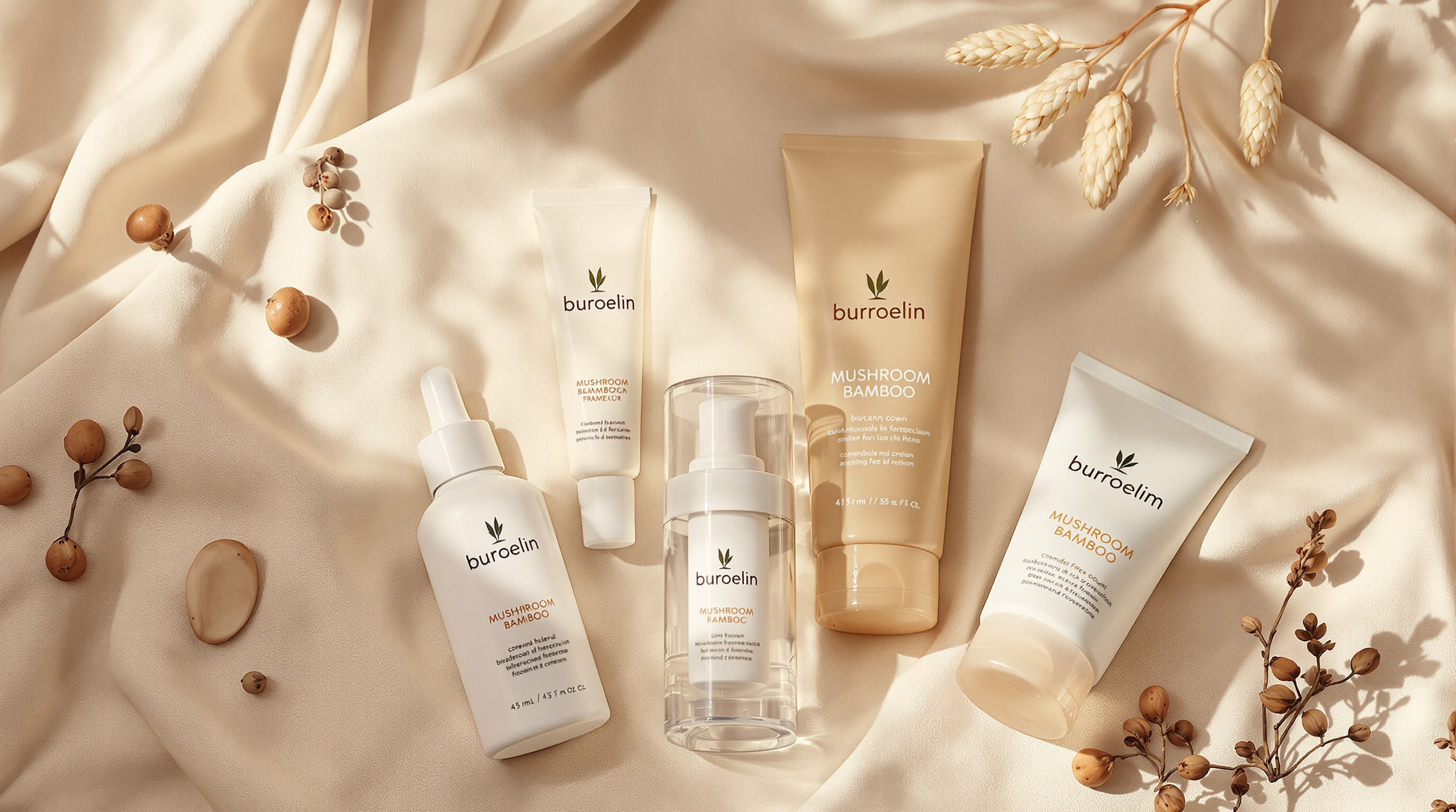 Clean beauty products in biodegradable packaging made of mushroom, bamboo, and corn starch displayed on a natural fabric