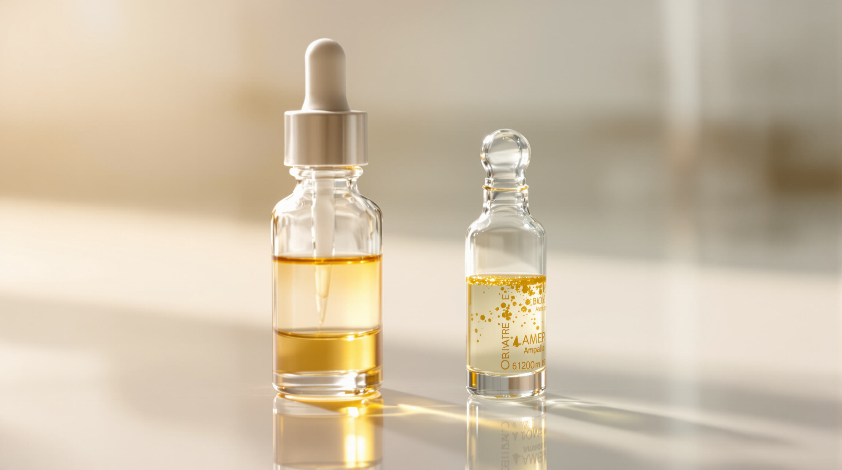 Macro photo showing a dropper bottle and a sealed ampoule serum on a lab counter