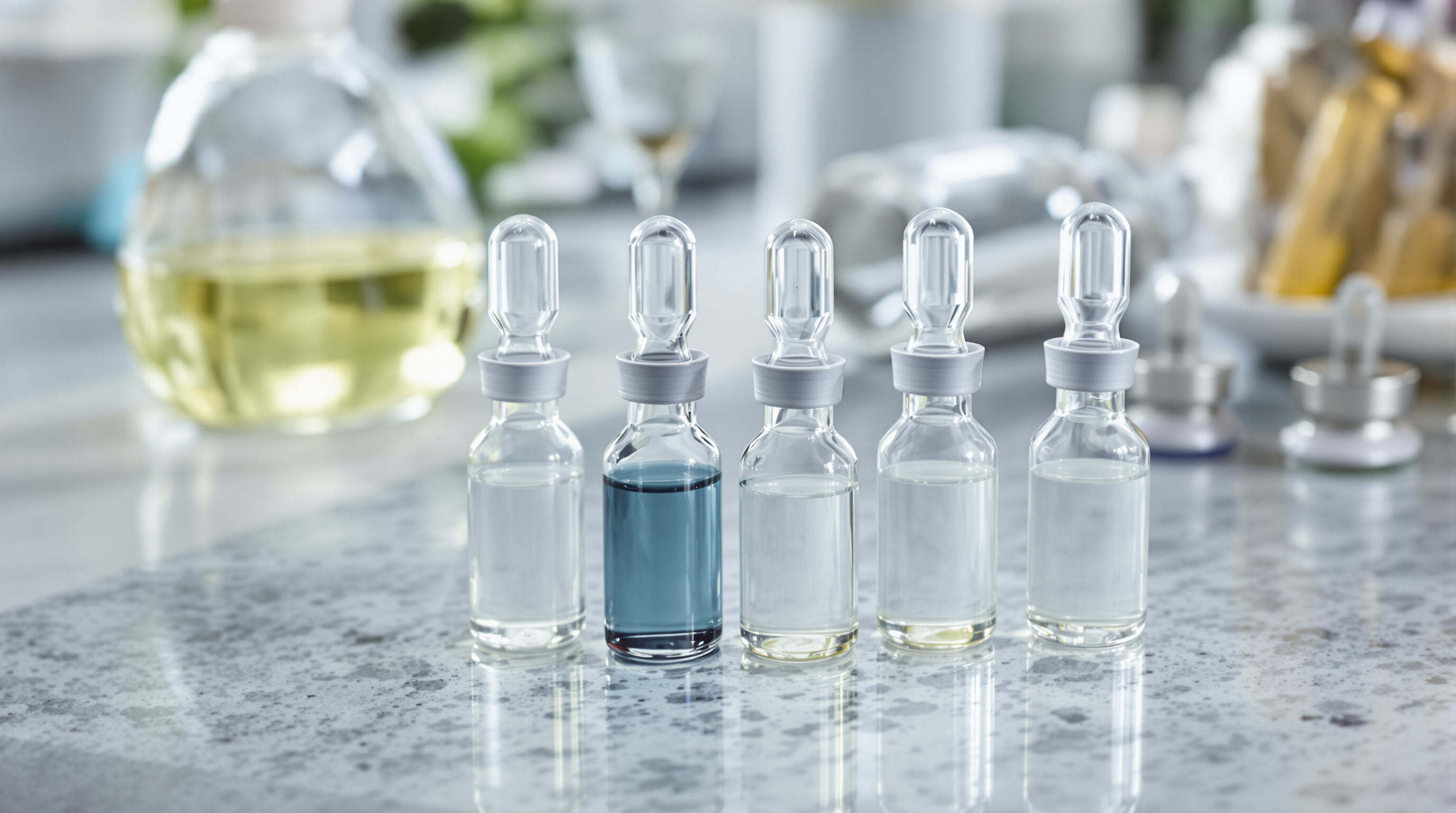 Sealed glass ampoule serum vials on a stone surface with blurred scientific equipment in the background