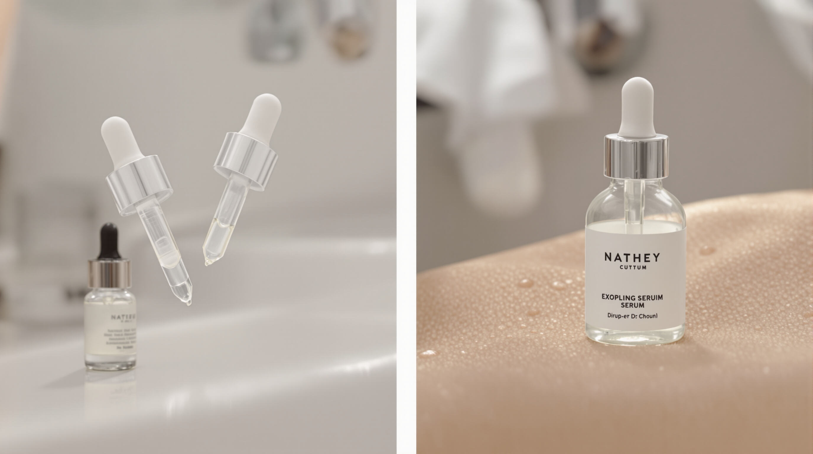 Ampoule serums and traditional serum bottles side by side on a bathroom counter, showing product clarity and packaging differences