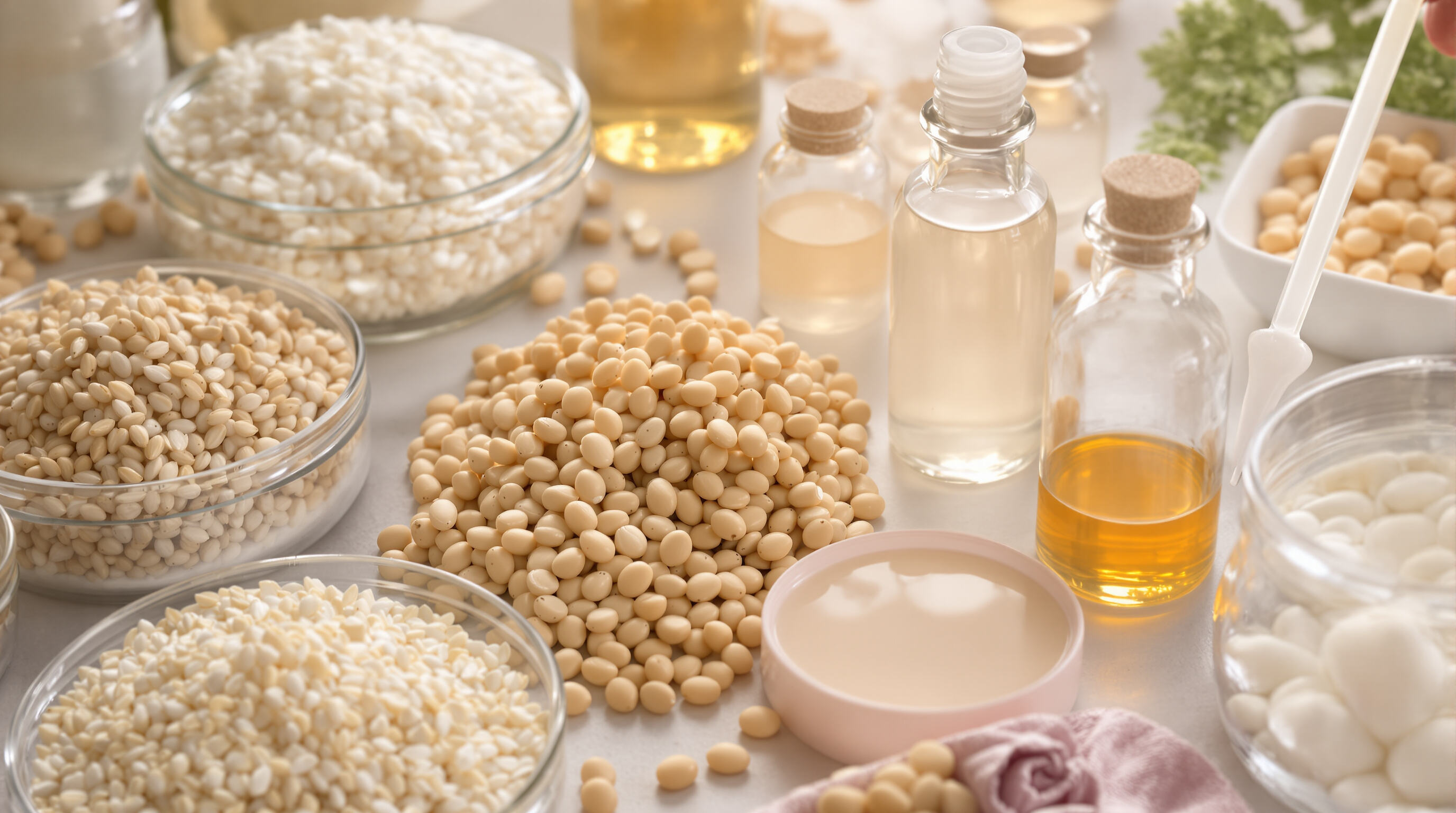Photorealistic close-up of rice, soybeans, and vials containing fermented liquid on a laboratory table.