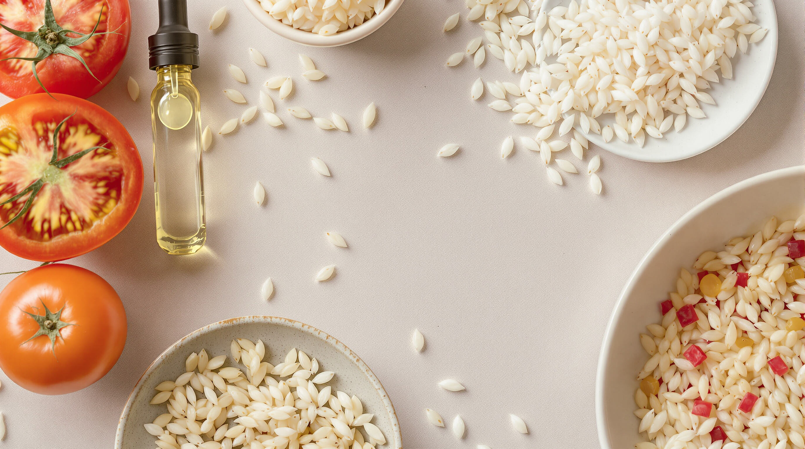 Glass ampoules with serum near rice grains and tomato slices on a neutral dish