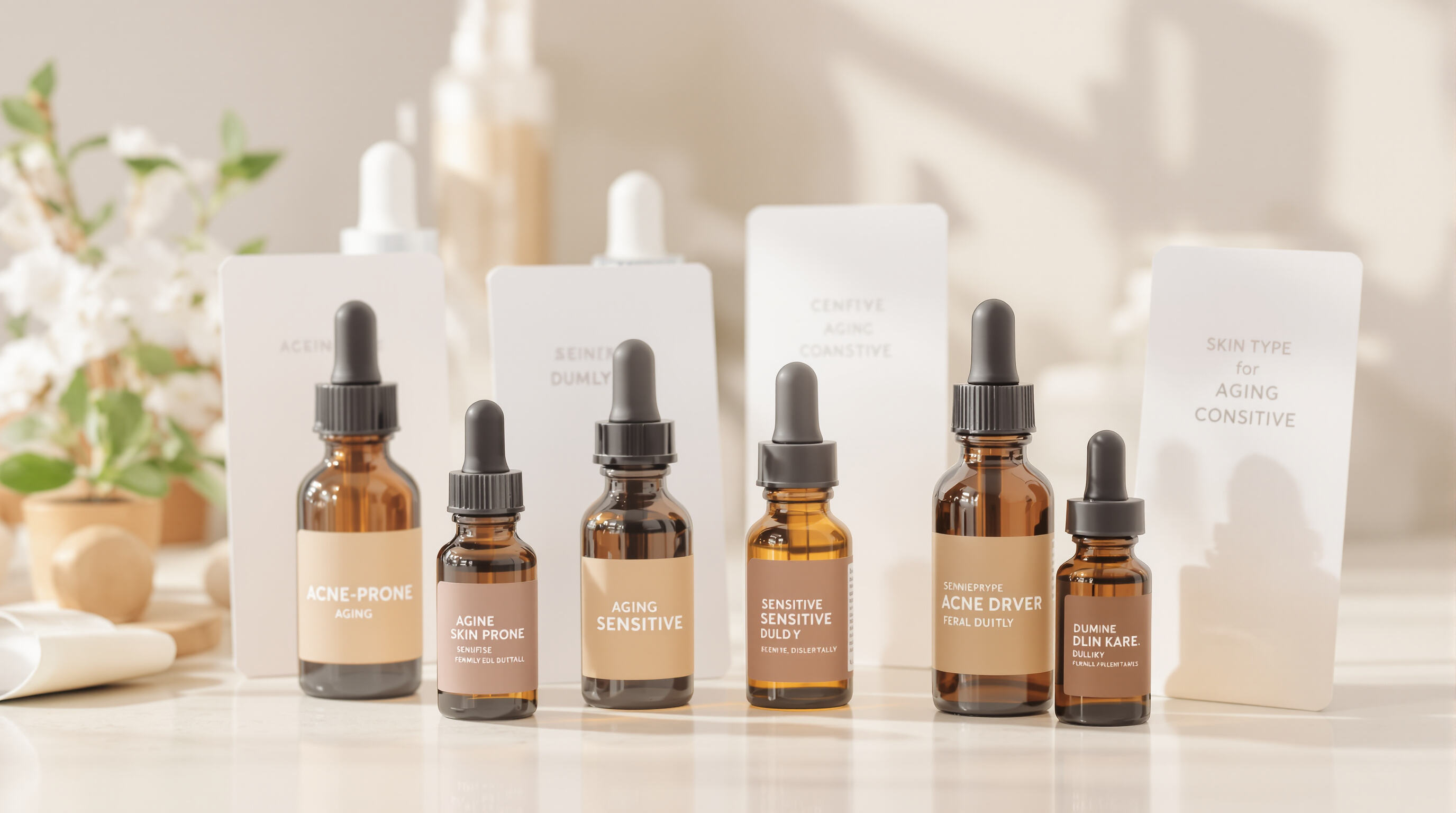Photorealistic image of various ampoule bottles paired with cards representing different skin concerns under soft natural light