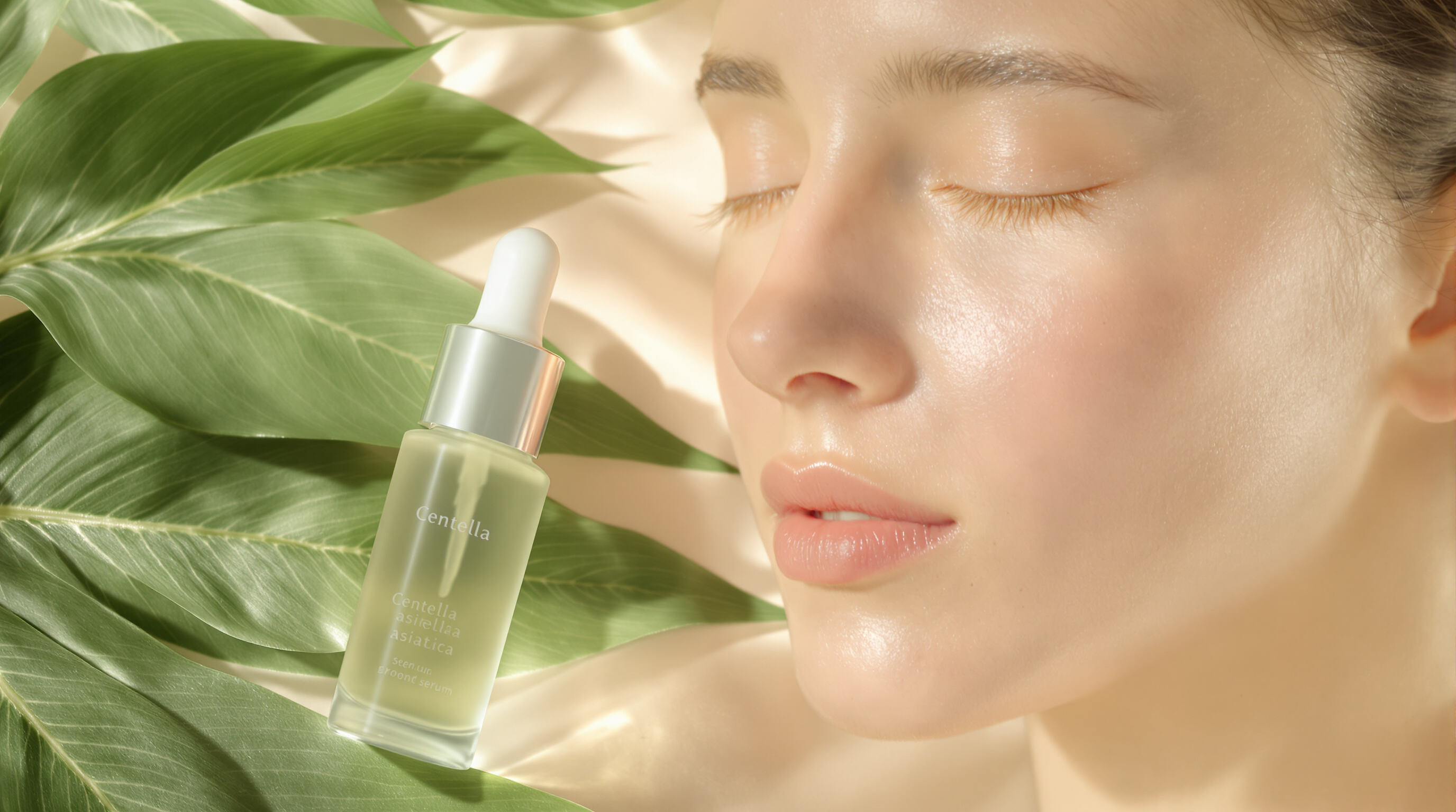 Close-up of woman with calm, healthy skin and Centella asiatica leaves beside a serum ampoule