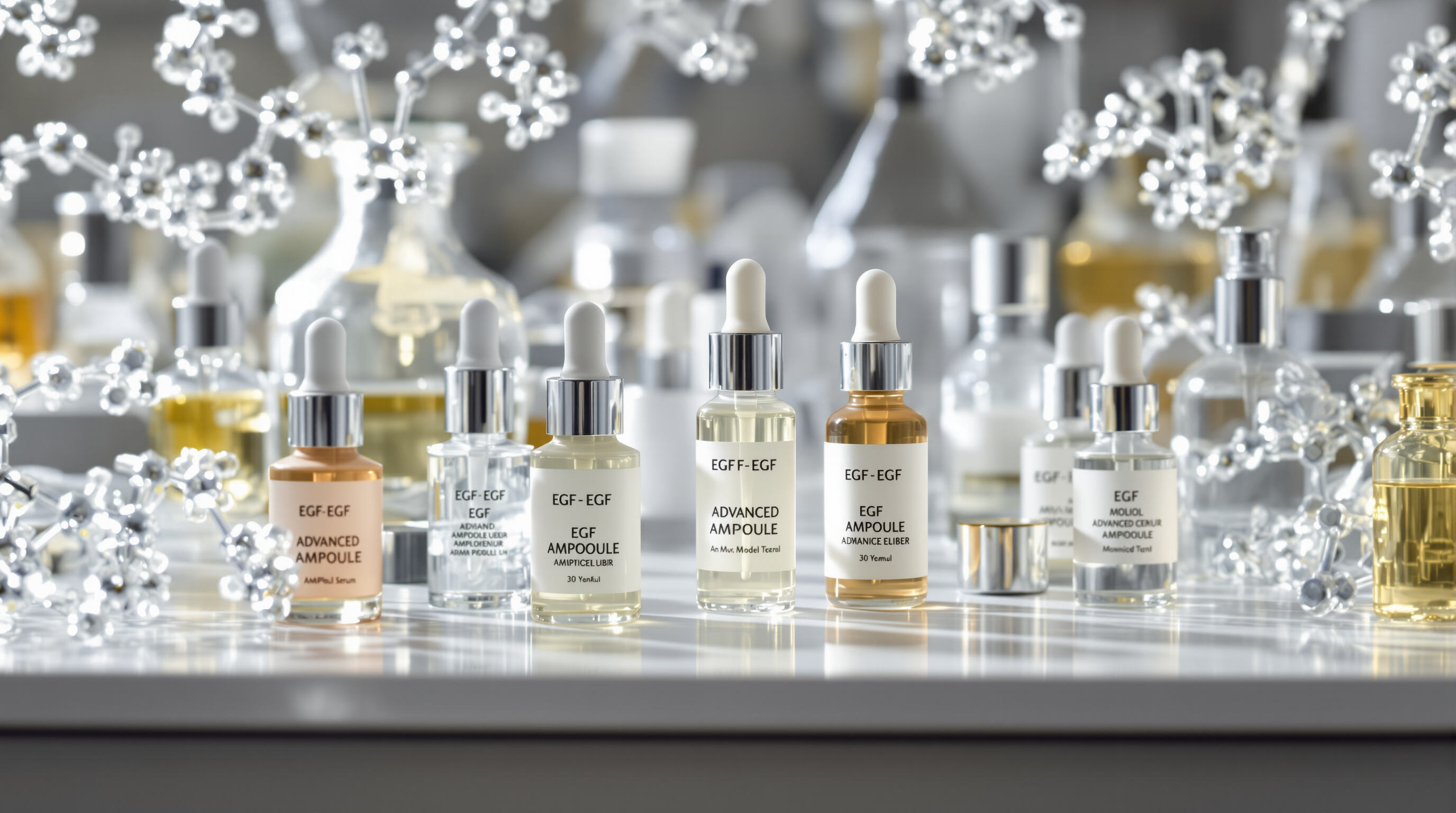 Lab scene with skincare ampoules, scientific equipment, and EGF molecules representing advanced skincare technology