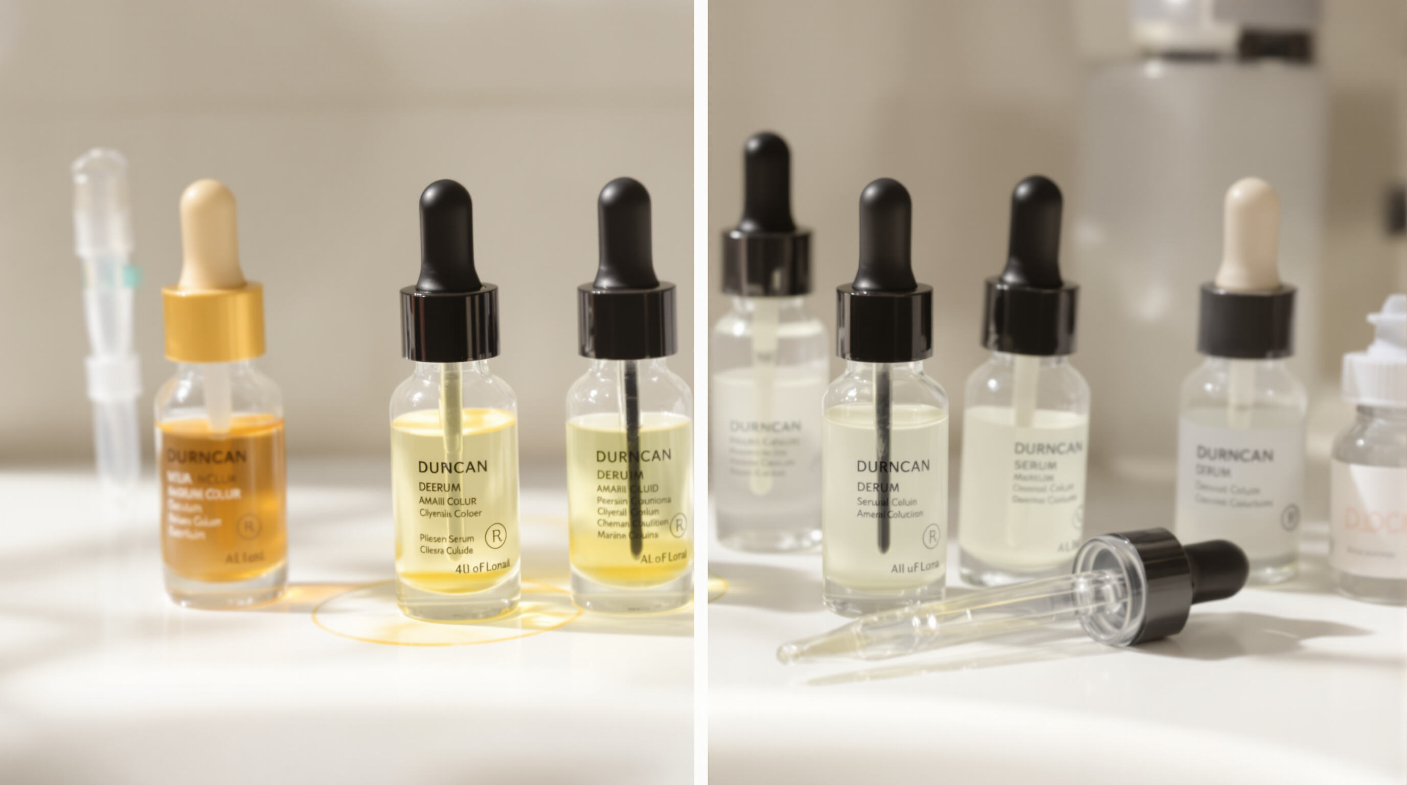 Ampoule serums on a bathroom counter showing effects of light exposure and improper storage