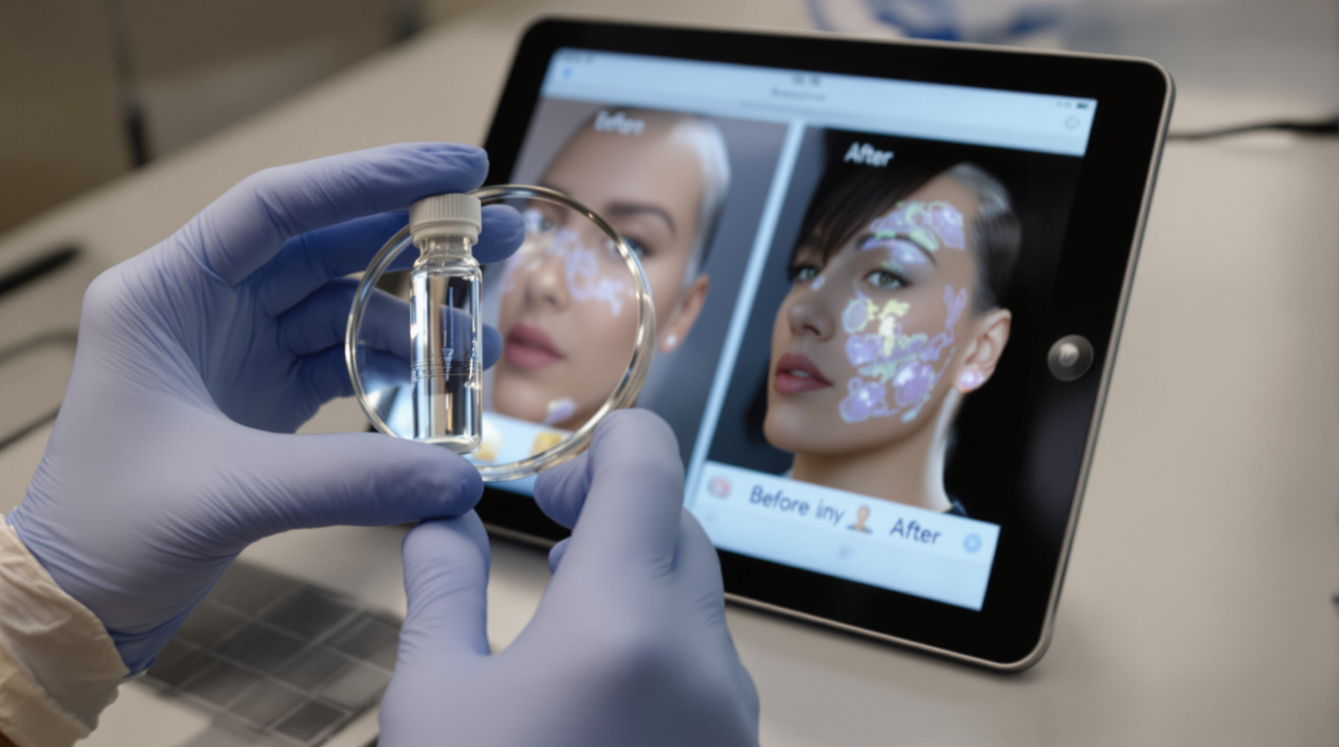 Photo-style image of gloved hands with ampoule and digital tablet showing skin texture changes in a scientific lab context