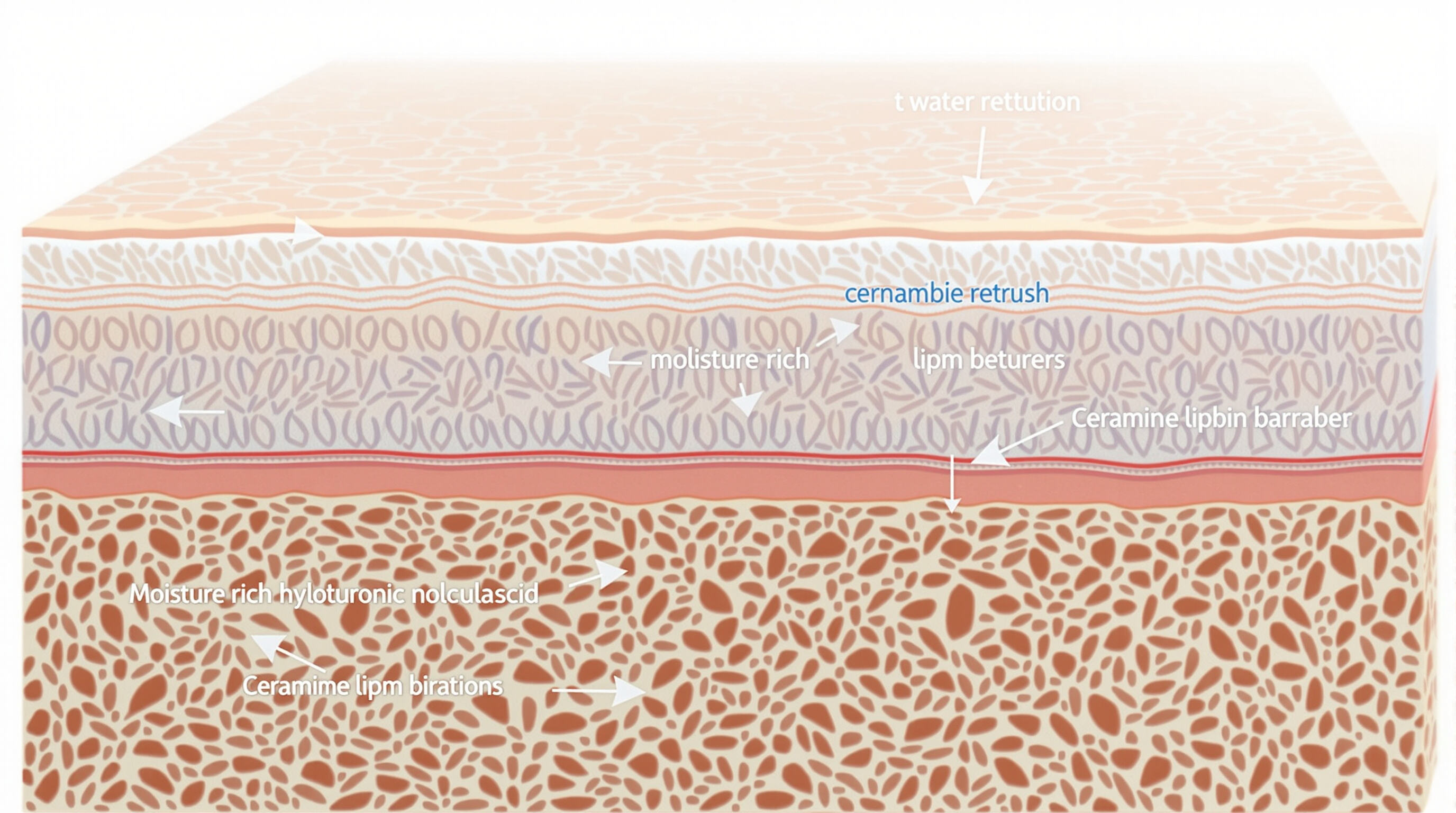 Close-up cross-section illustration of skin layers with hyaluronic acid and ceramides showing water retention