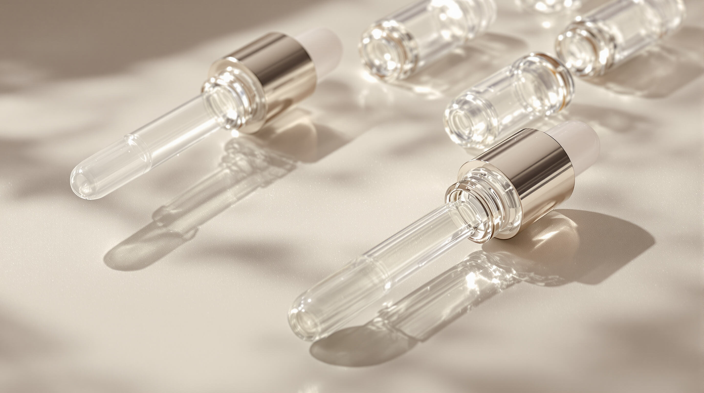 Close-up of open and sealed ampoule serum vials on a reflective surface with drops of serum.