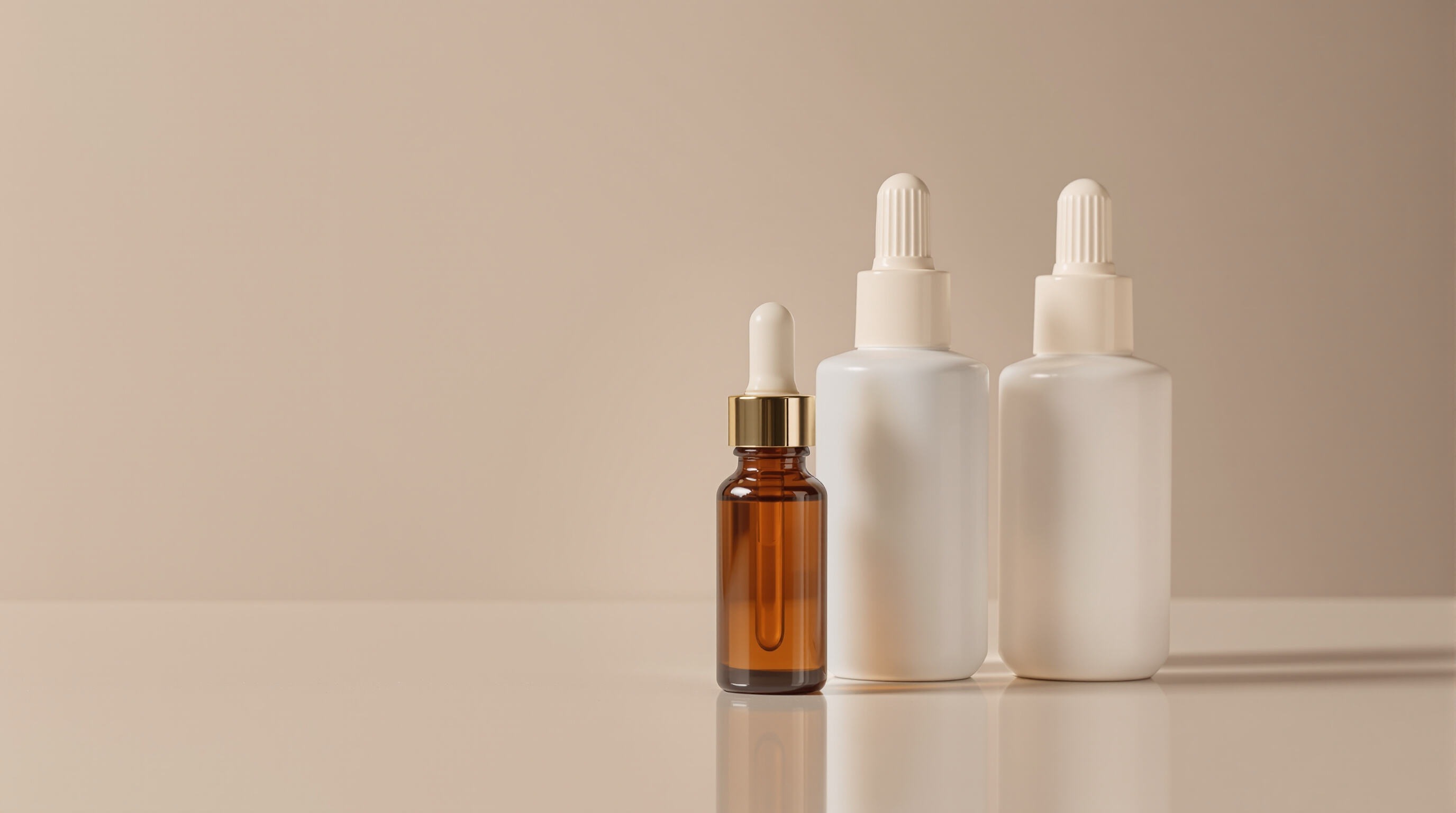 Amber glass ampoules and opaque bottles with sealed caps demonstrating protective packaging