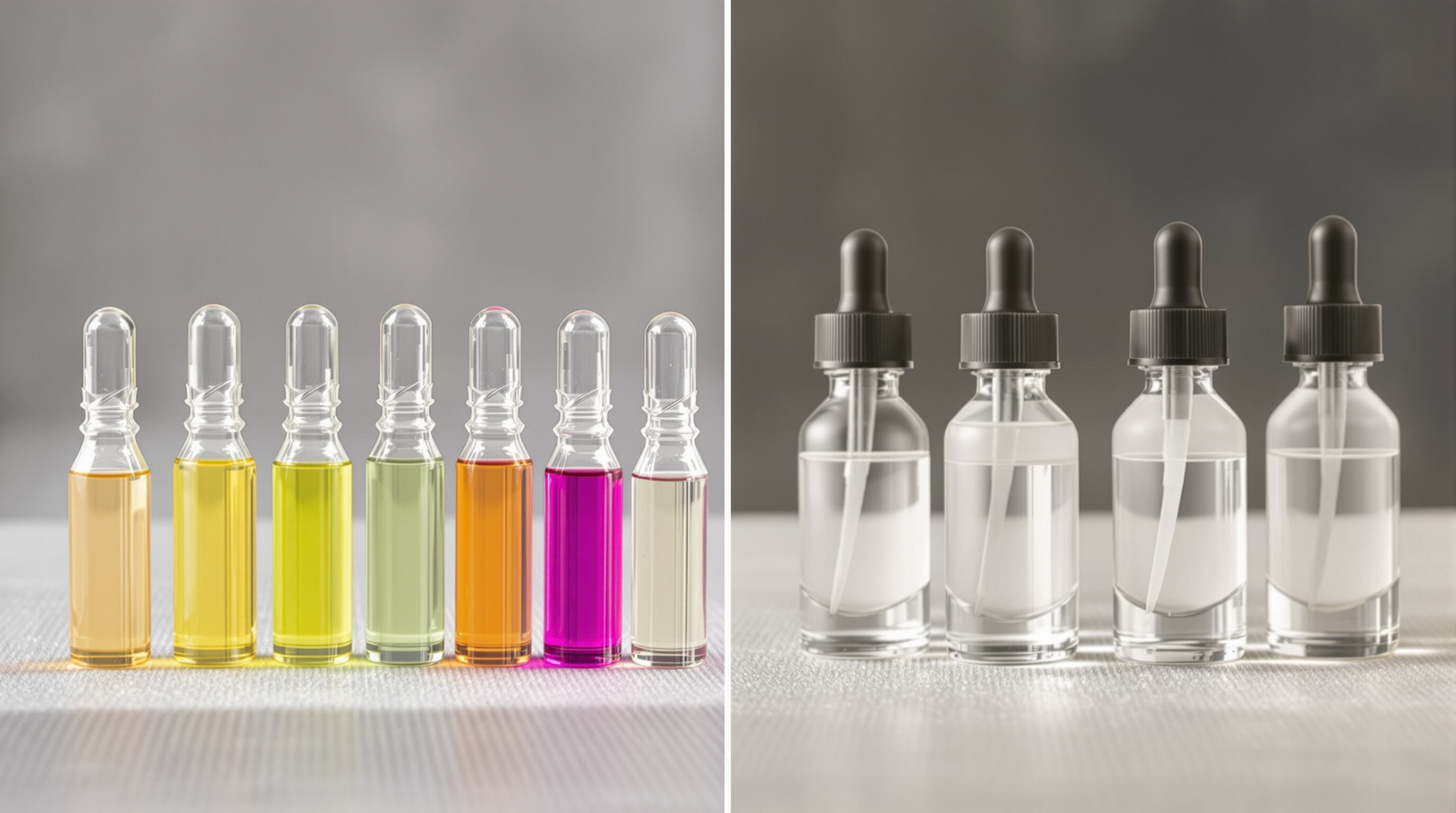 Side-by-side comparison of ampoule vials and ordinary serum bottles highlighting color and concentration differences.