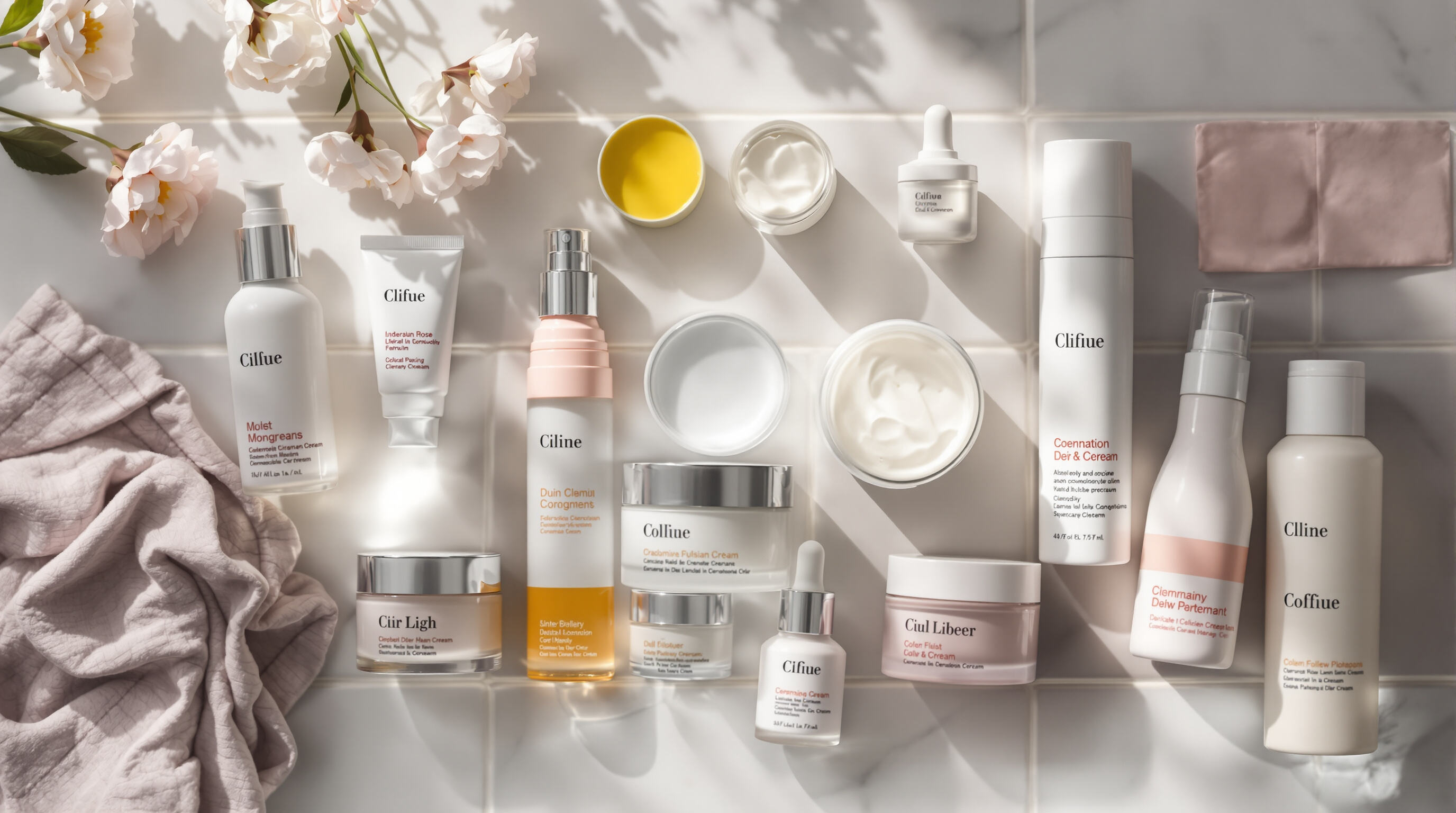 Flat lay of skincare products including creams and serums arranged on a countertop in soft daylight
