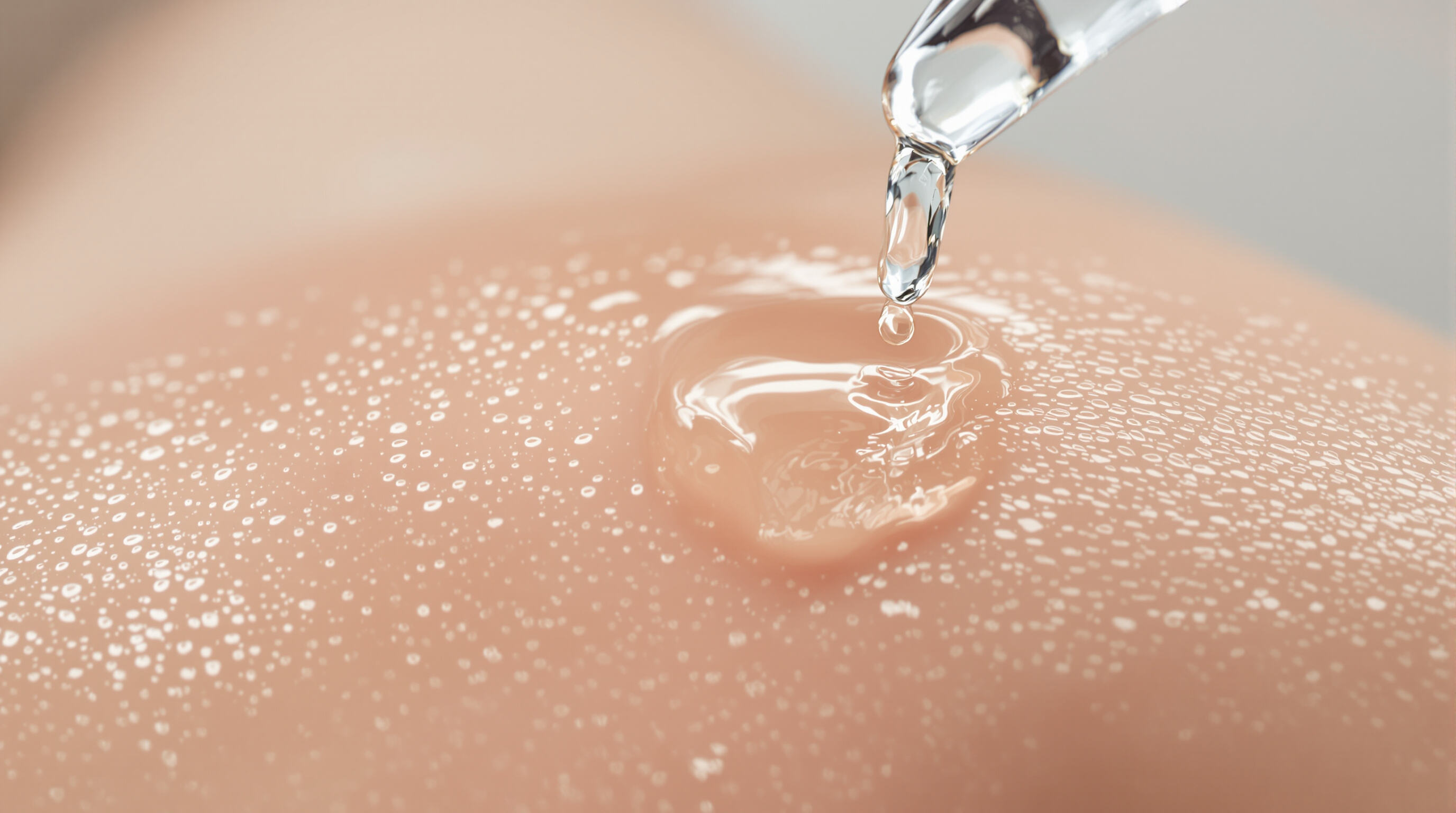 Macro photograph of hydrated skin with moisture droplets, highlighted by a glass dropper releasing liquid.