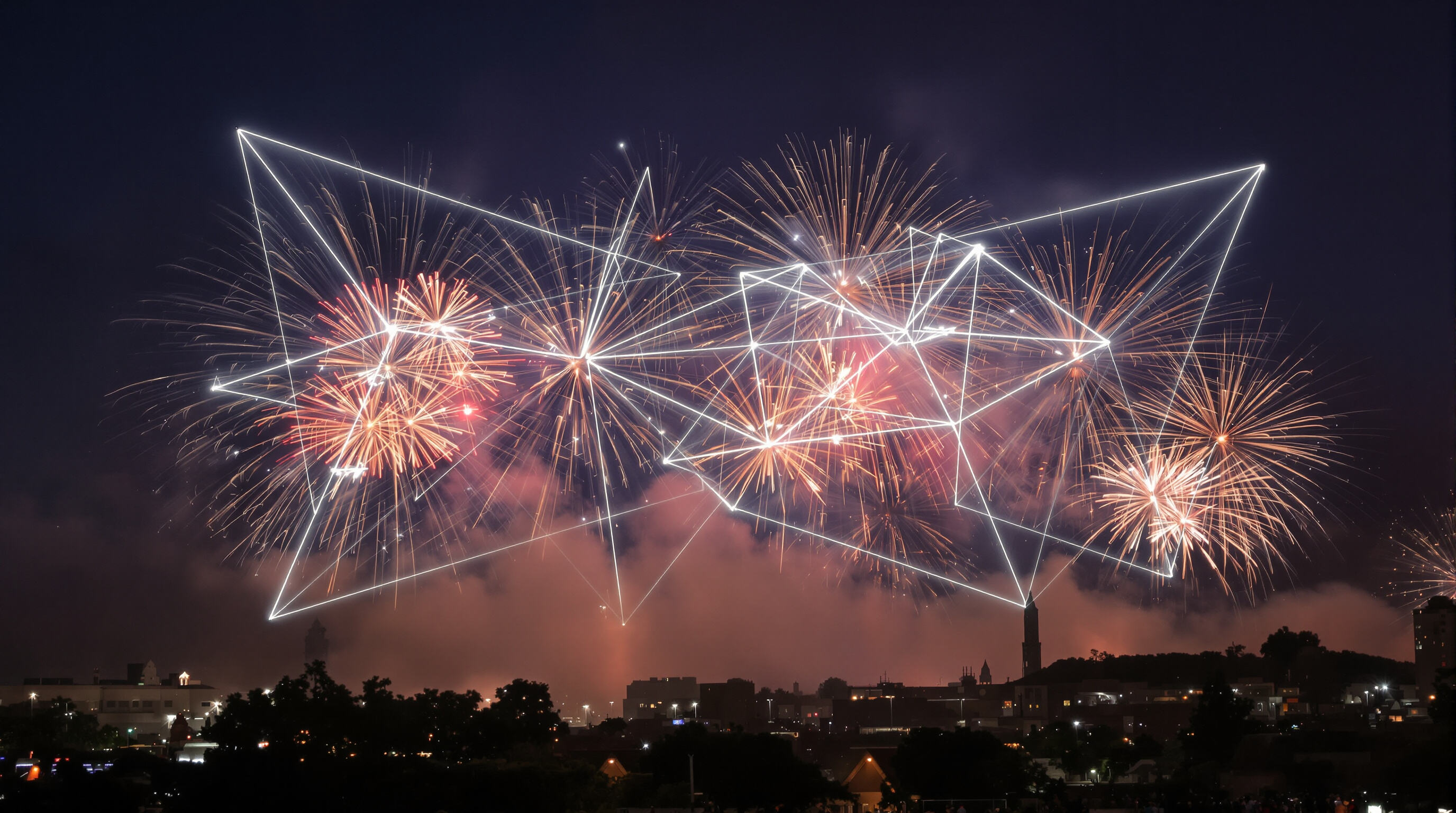A skyline view of an event featuring both fireworks and drone light formations glowing above a city at dusk.