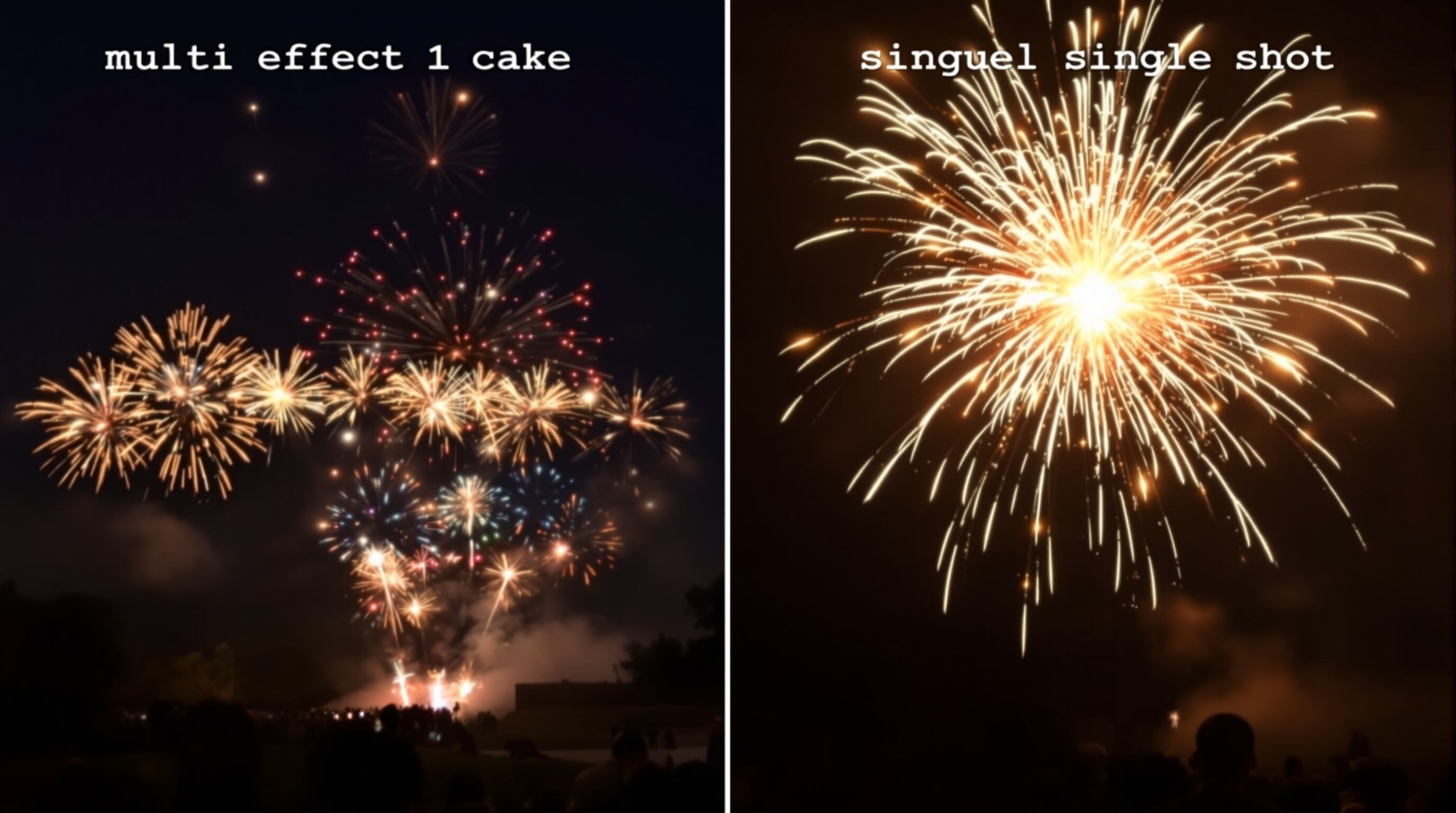 Photorealistic comparison of cake fireworks and single shot displays with audience at night